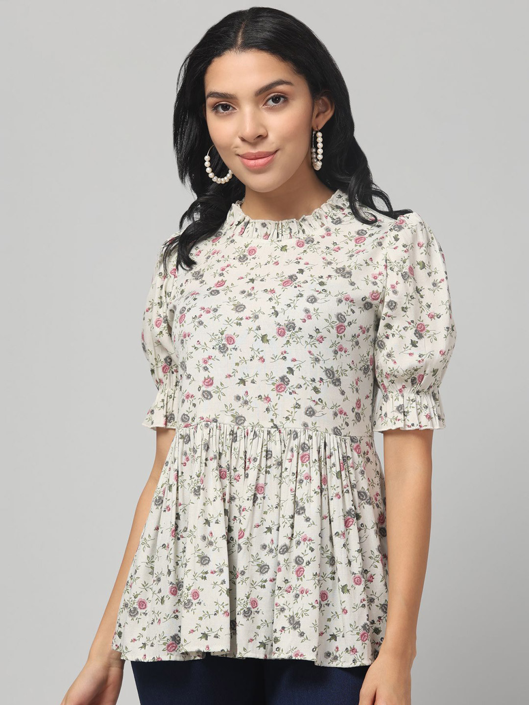 Zuvino Floral Printed Puffed Sleeves Cotton Tunic