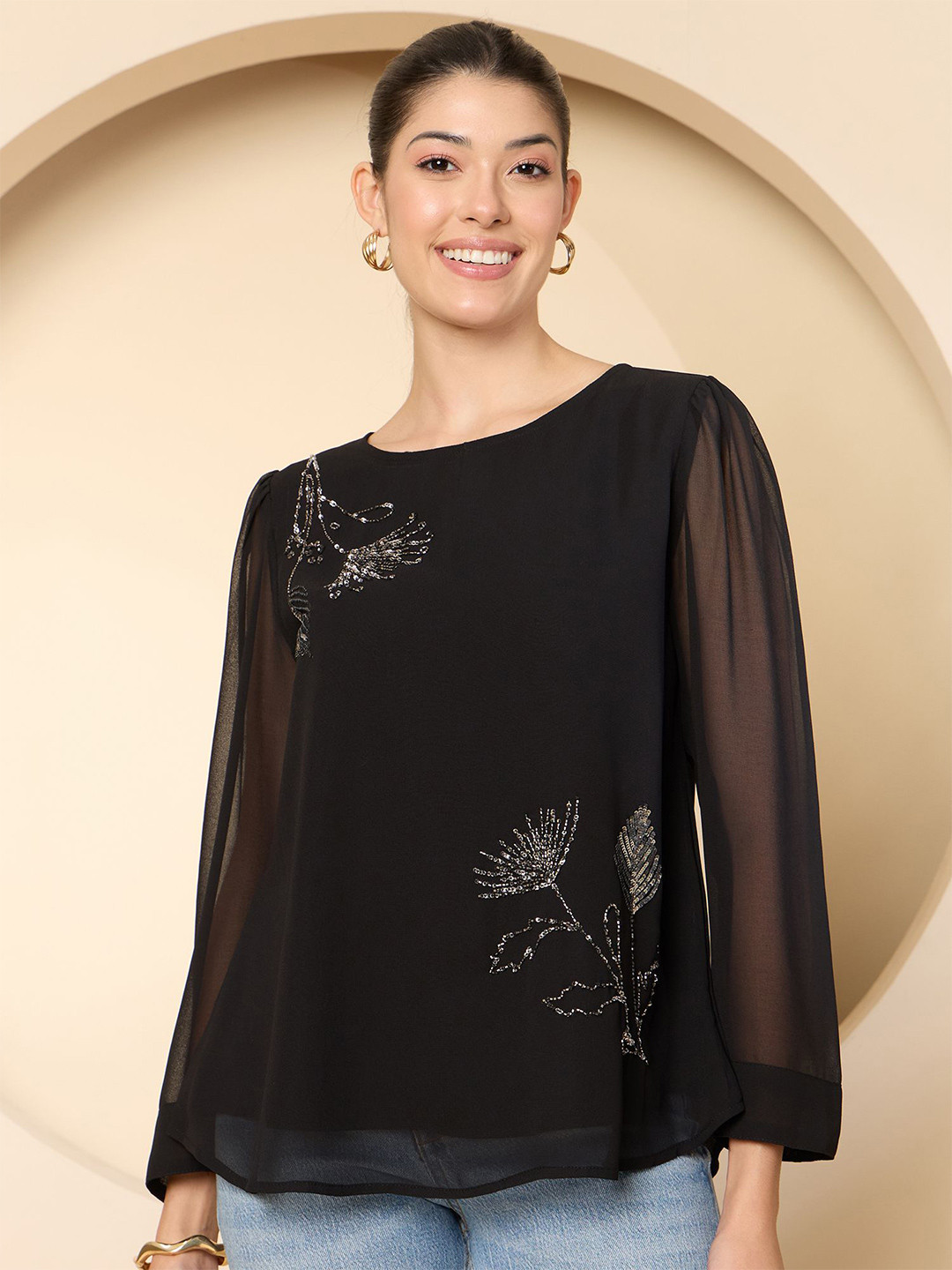 Antheaa Women Embellished Round Neck Long Sleeves Chiffon Top