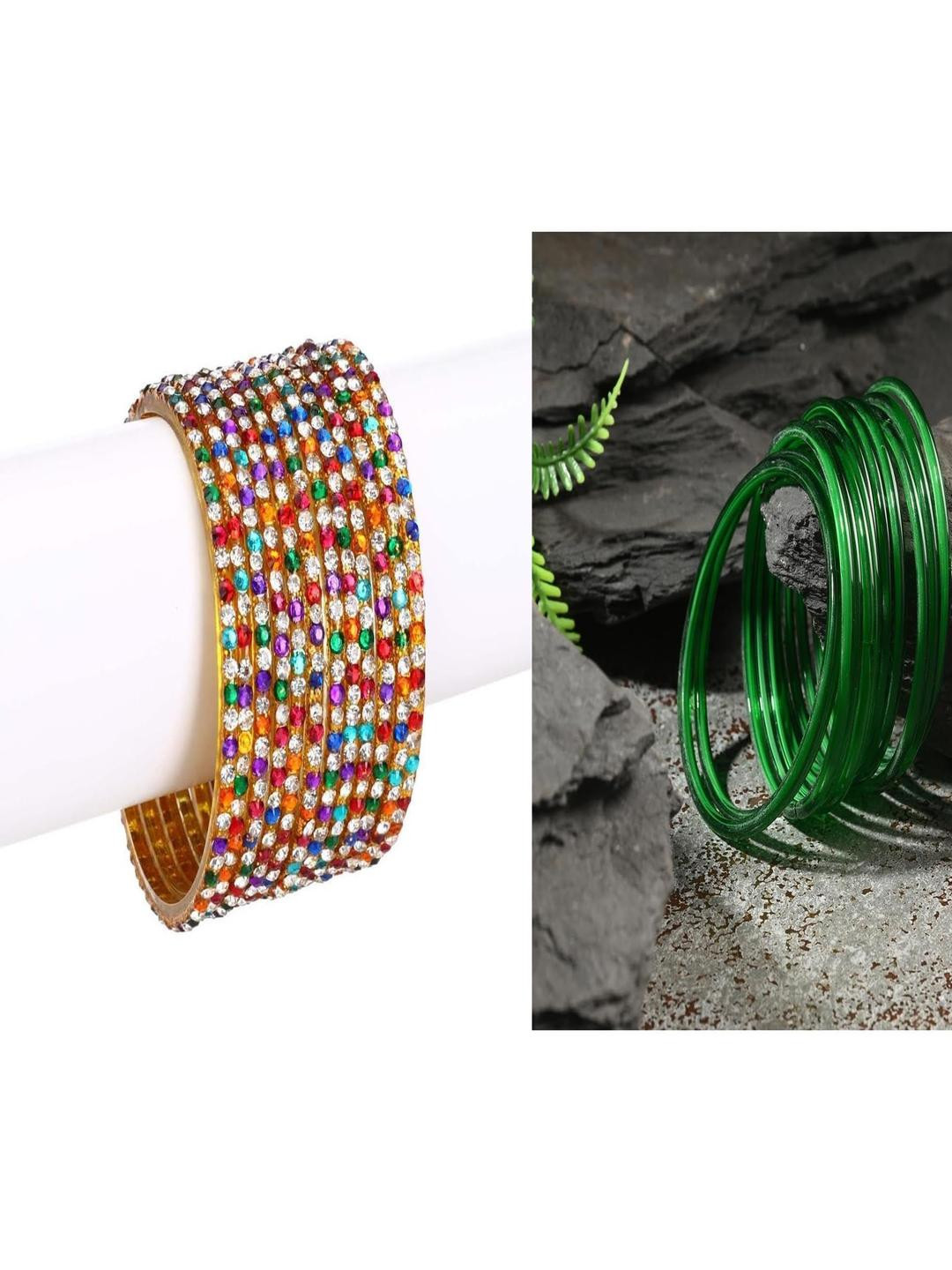 SOMIL Set Of 24 Multicolor And Green Glass Artificial Stones and Beads Antique Bangles