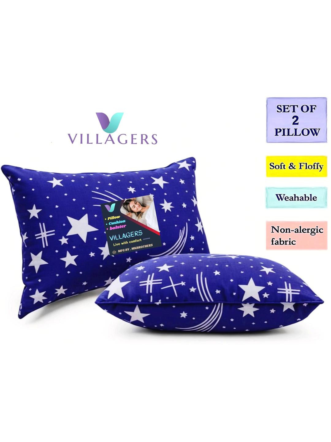 VILLAGERS Set of 2 Blue Polyester Pillows