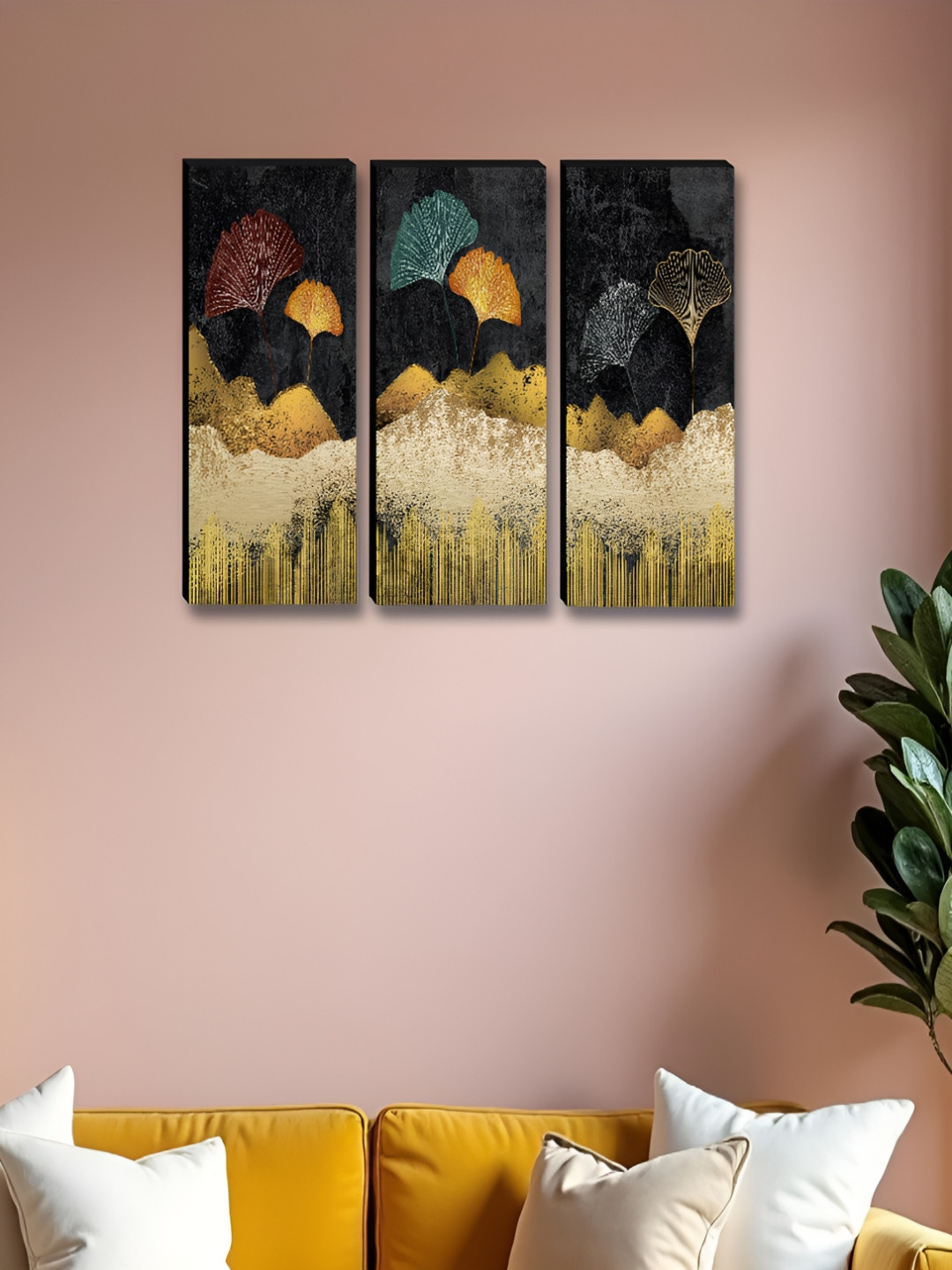 Livin'luxe Charcoal & Beige 3 Pieces Hill Ginkgo Leaf Wall Arts