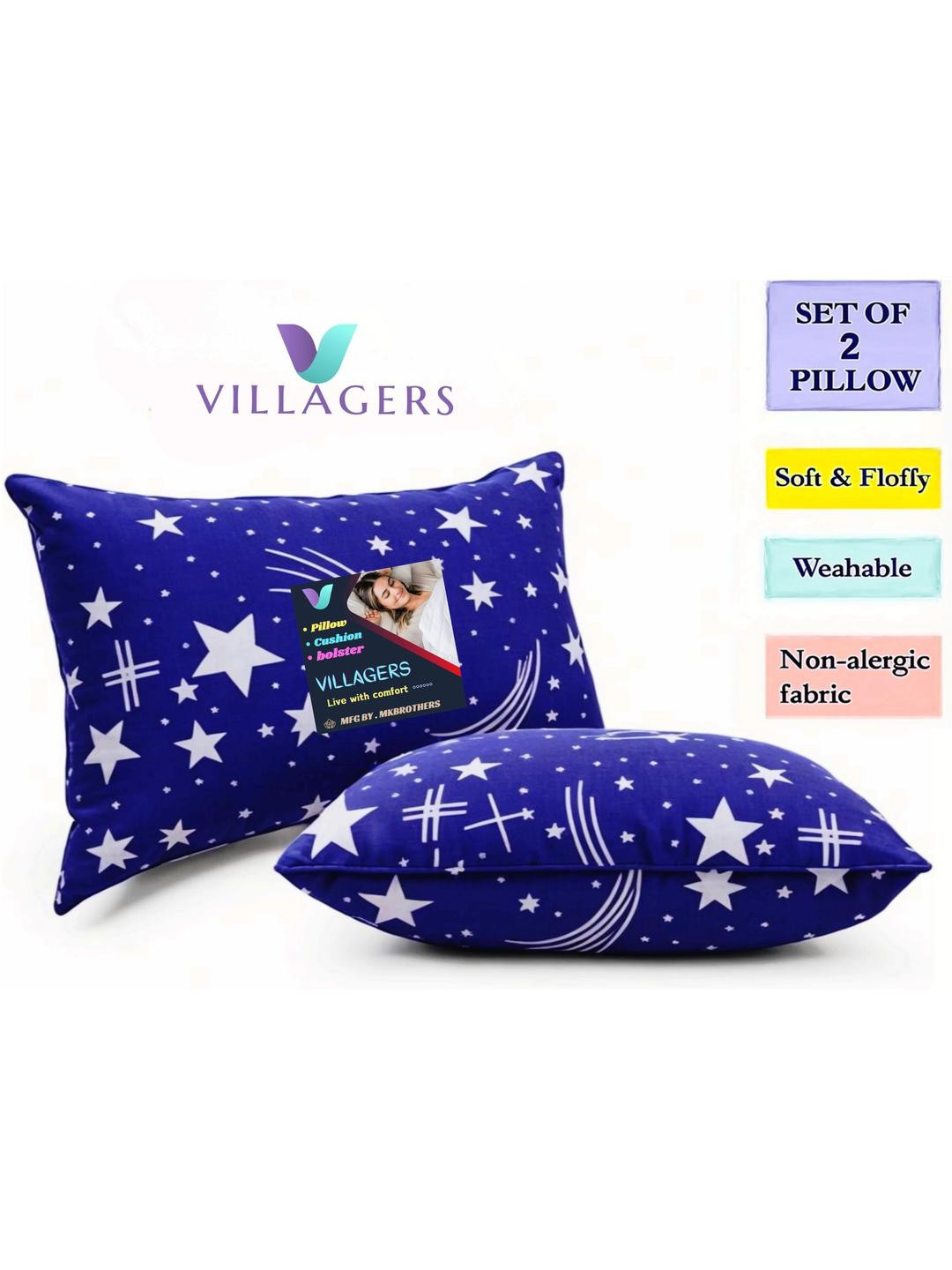 VILLAGERS Blue Set of 2 Cotton Filled Polyester Sleep Pillow