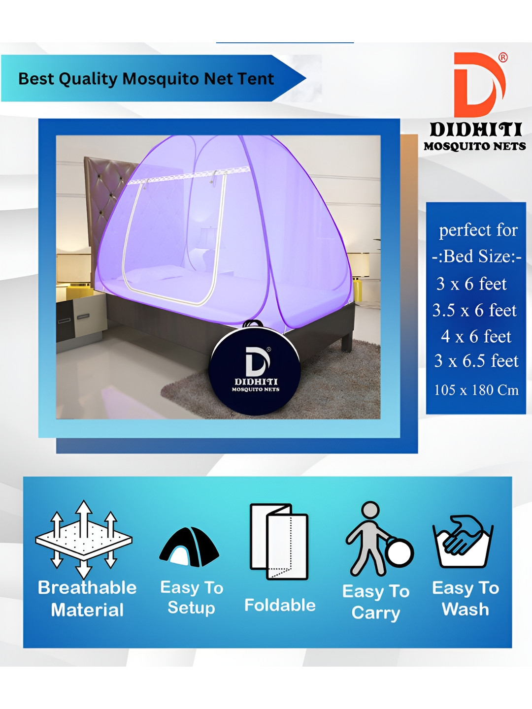 didhiti Purple & White Single Bed Foldable Tent Mosquito Net