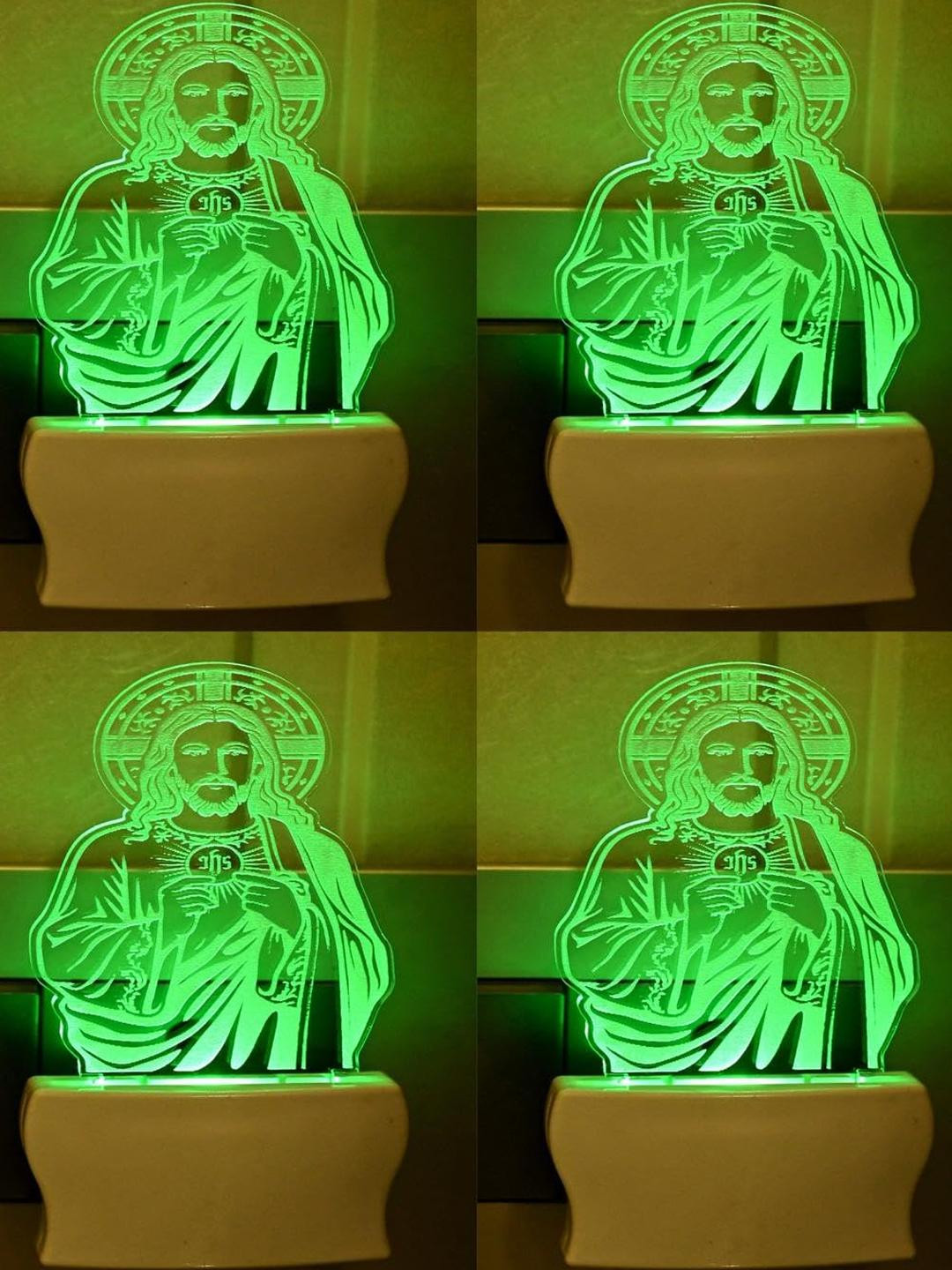 SOMIL Green & Blue Pack Of 4 Acrylic Jesus Printed Glass With LED Night Lamps