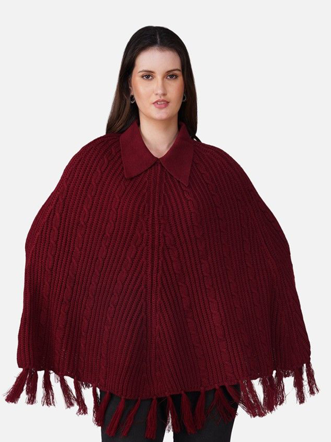 JoE Hazel Women Cable Knit Self Design Shirt Collar Longline Poncho