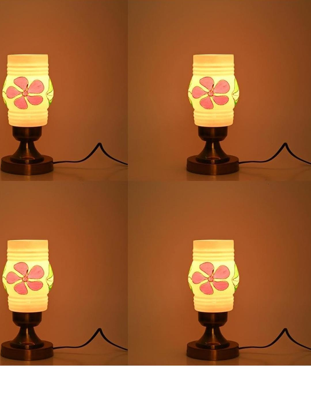 SOMIL Multi-Coloured Pack Of 4 Floral Printed Glass Cylindrical Shaped Table Lamps