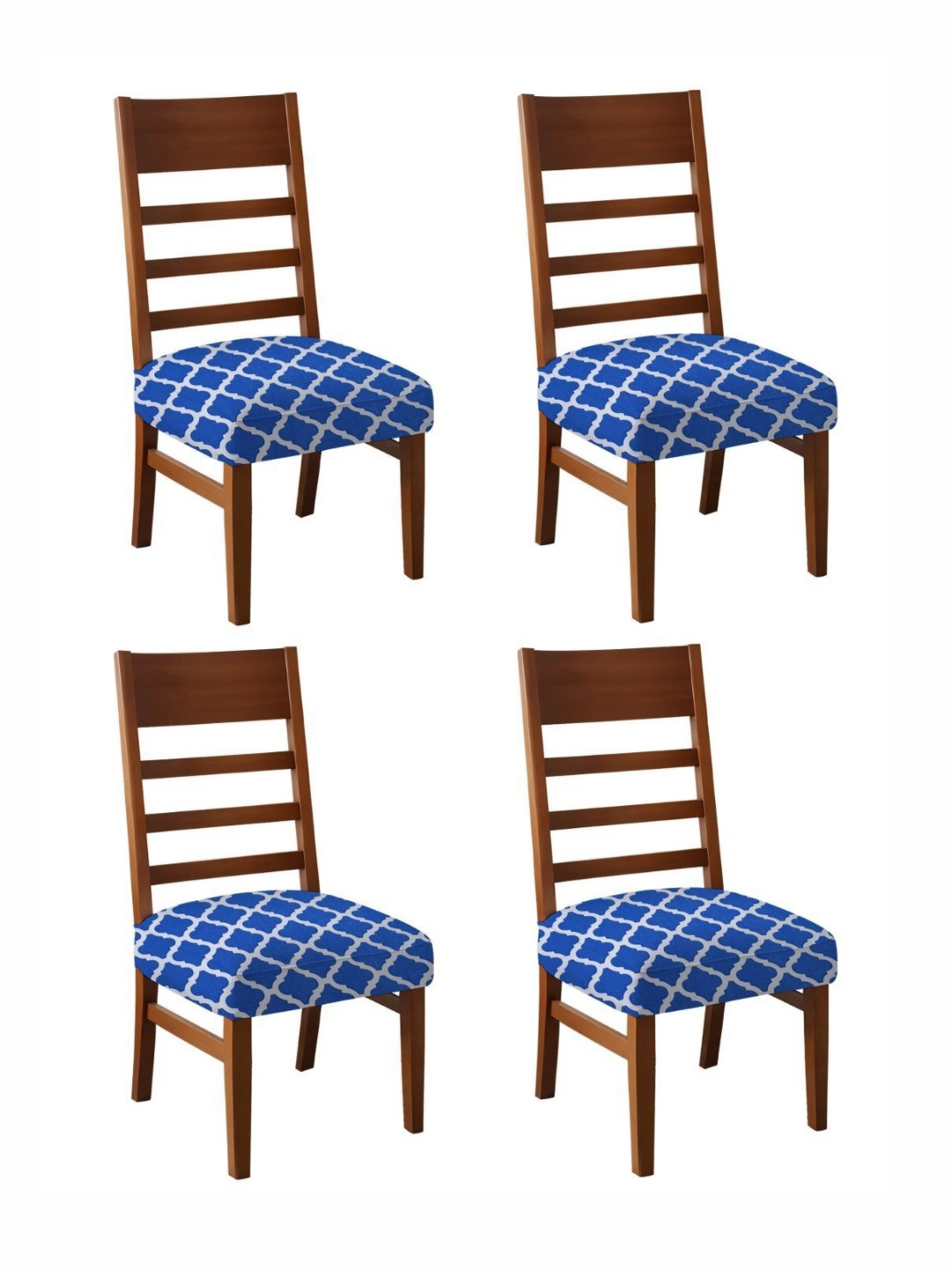 Lazi Set Of 4 Blue & White Diamond Printed 200 GSM Dining Chair Base  Covers
