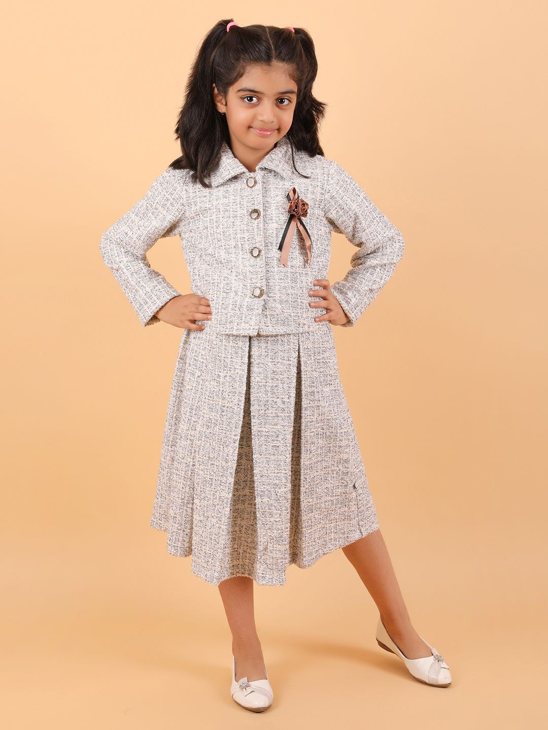 CALYX CLOTHING Girls Self Design Applique Round Neck Fit And Flare Dress With Jacket