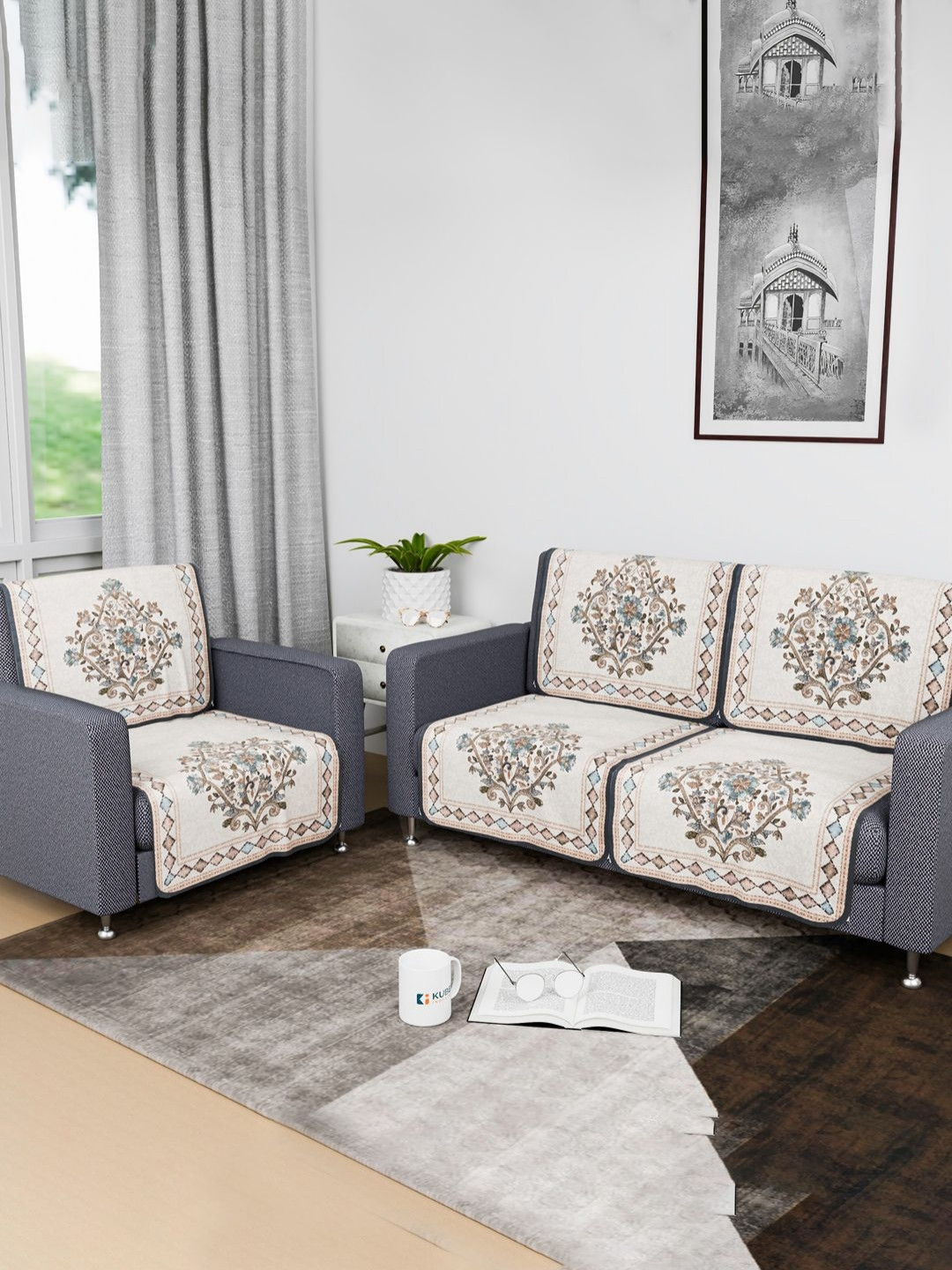 RUBOXA Off White & Green 6 Pieces Flower Printed Cotton Sofa Covers