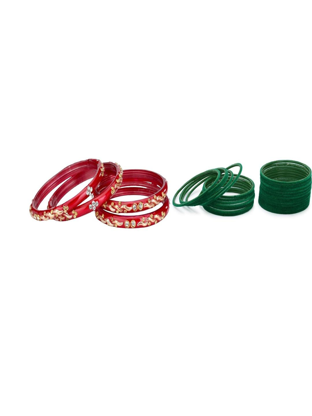 SOMIL Set Of 28 Red & Green Artificial Stones Beaded Glass Bangles