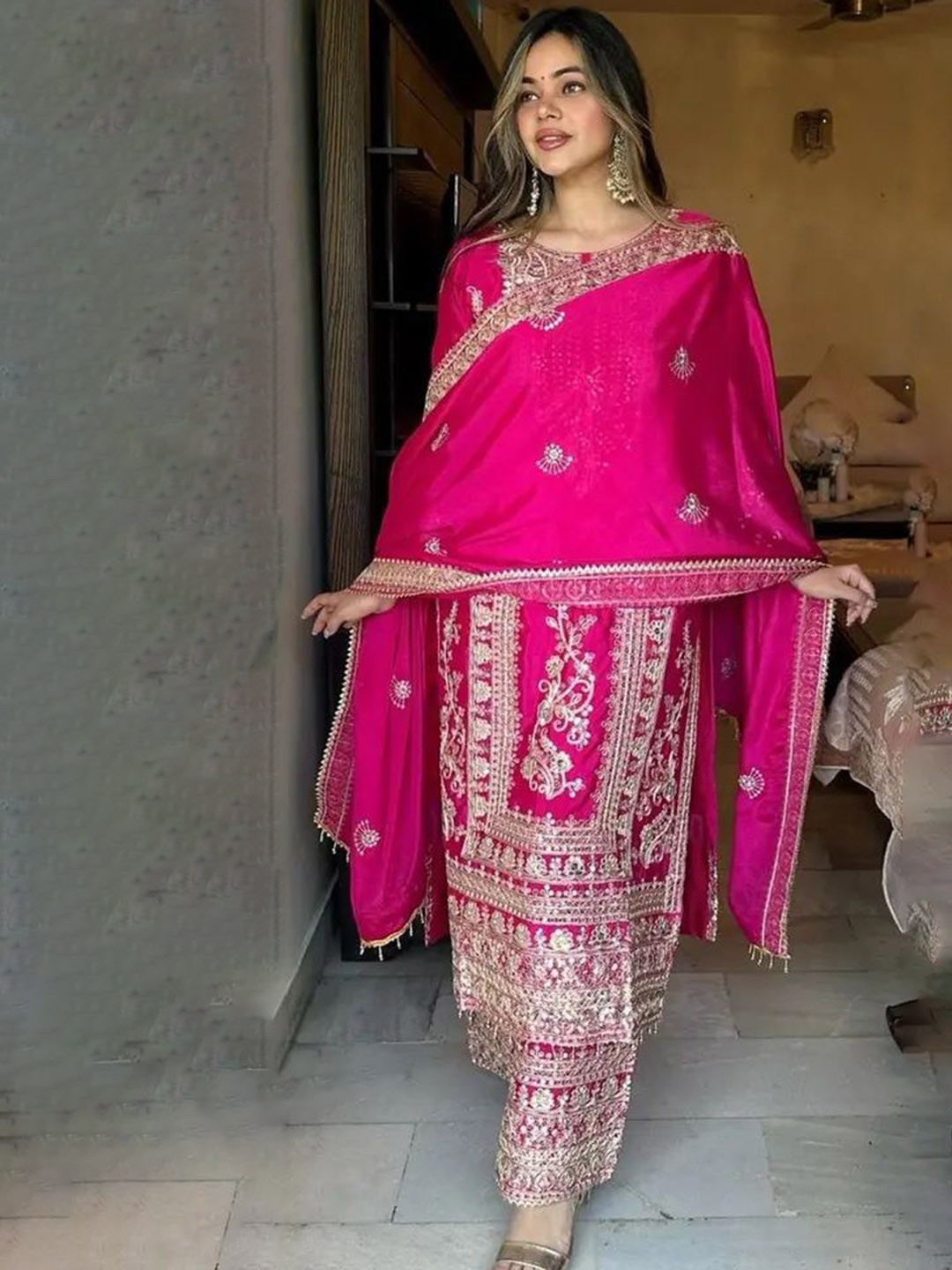 AKSHARAM Women Floral Embroidered Regular Sequinned Kurta with Trousers & Dupatta