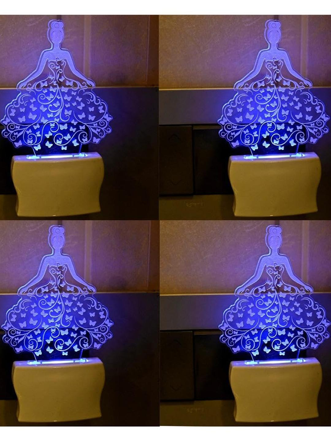 SOMIL Green & Blue Set Of 4 Printed Glass Princess Shaped Wall Lamp