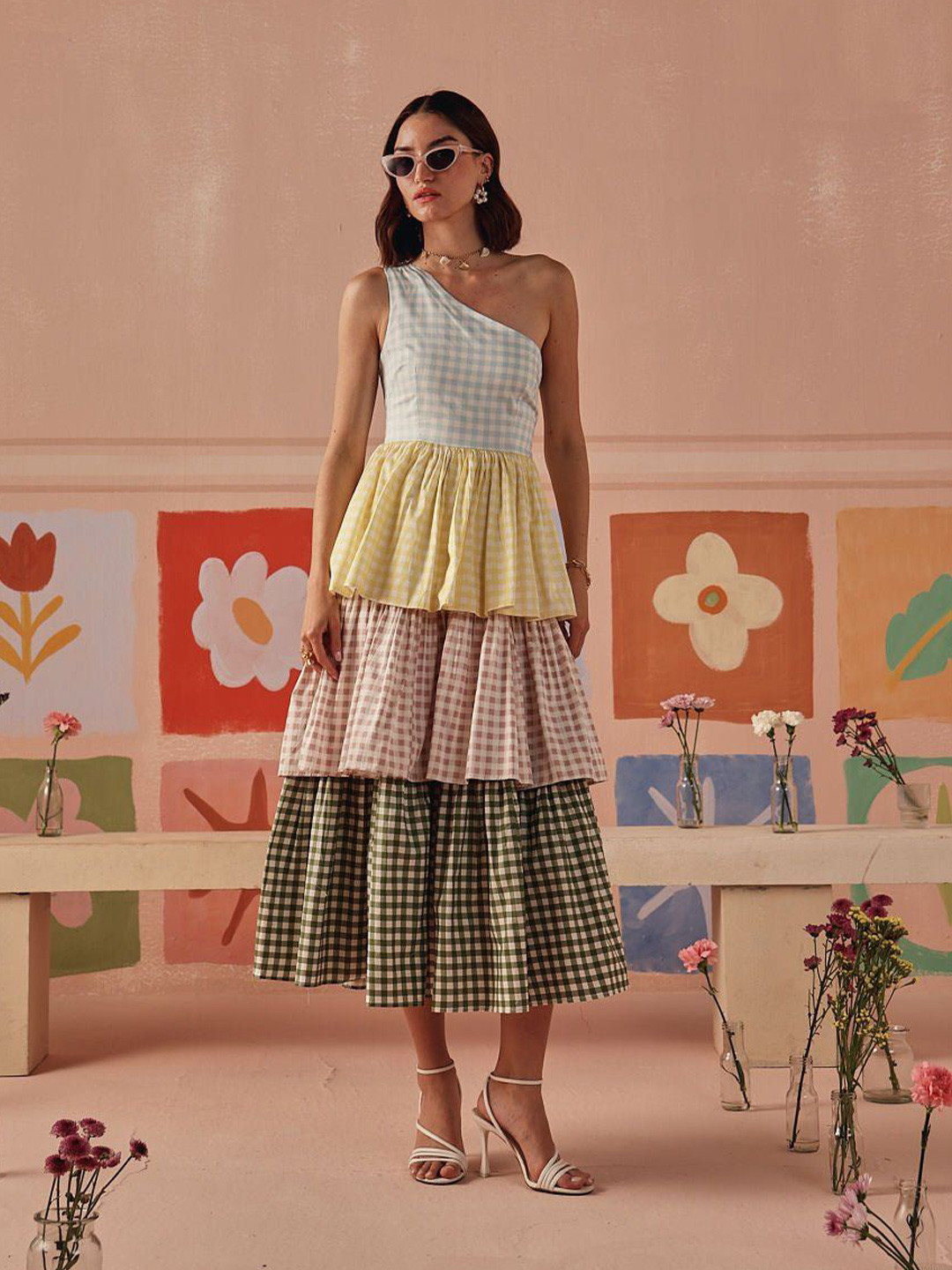 Sage by Mala Checked One Shoulder A-Line Cotton Midi Dress