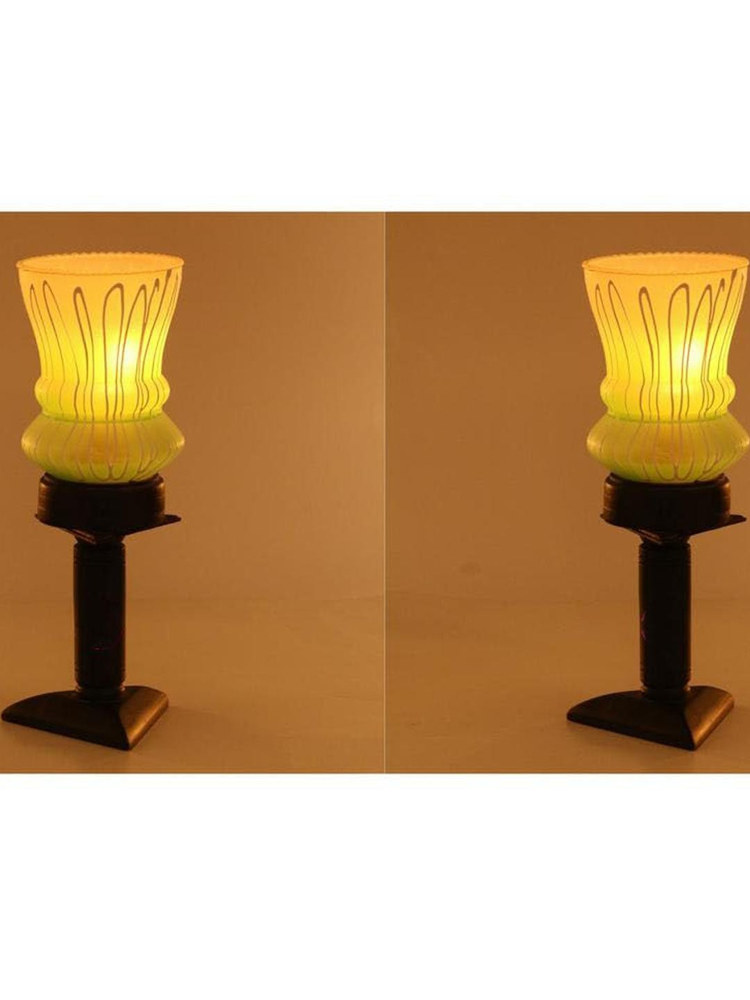 SOMIL Pack Of 2 White Printed Glass Cylindrical Shaped Table Lamp