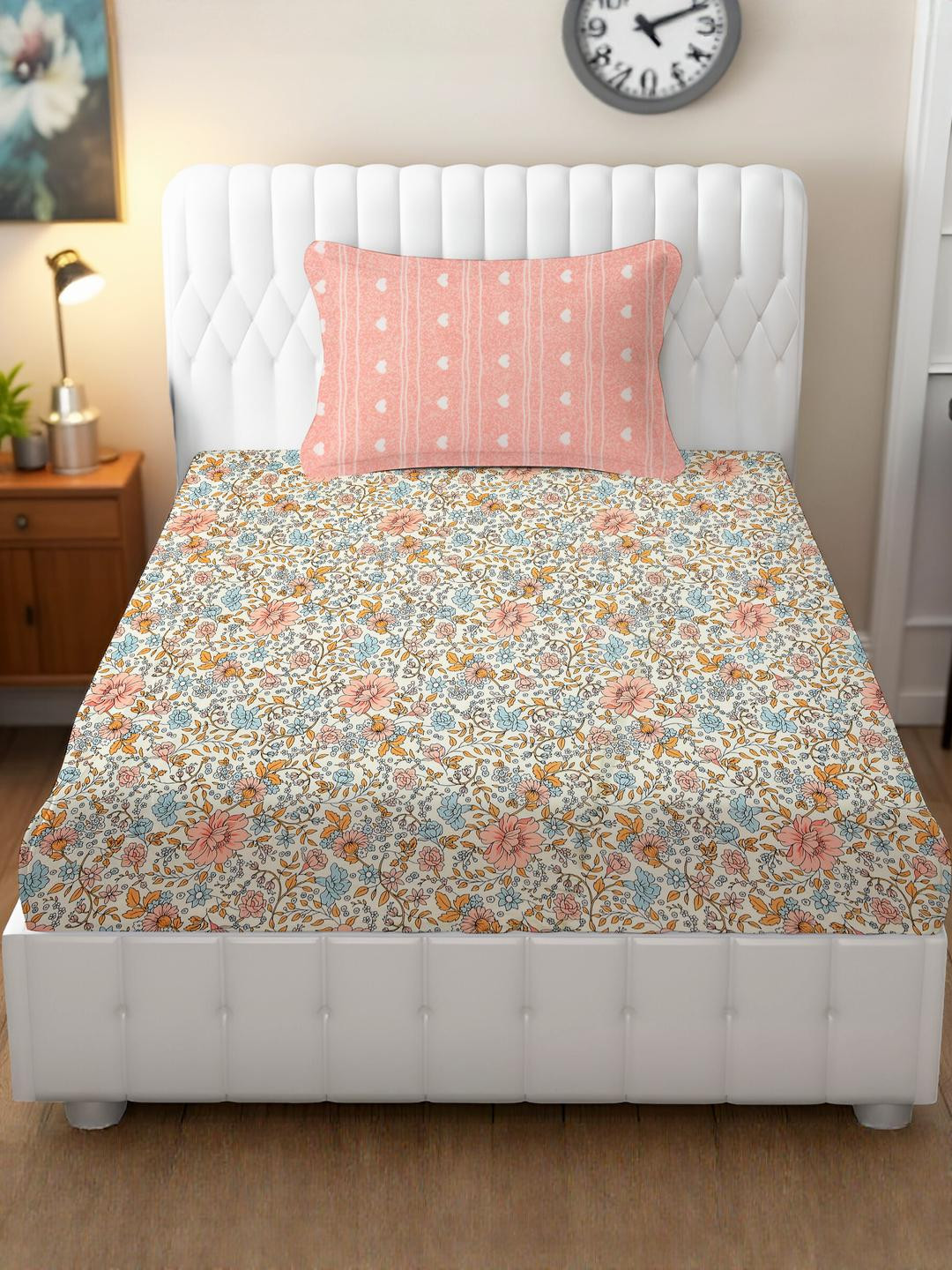 IVAZA Pink Geometric Queen Bedsheet with 1 Pillow Covers