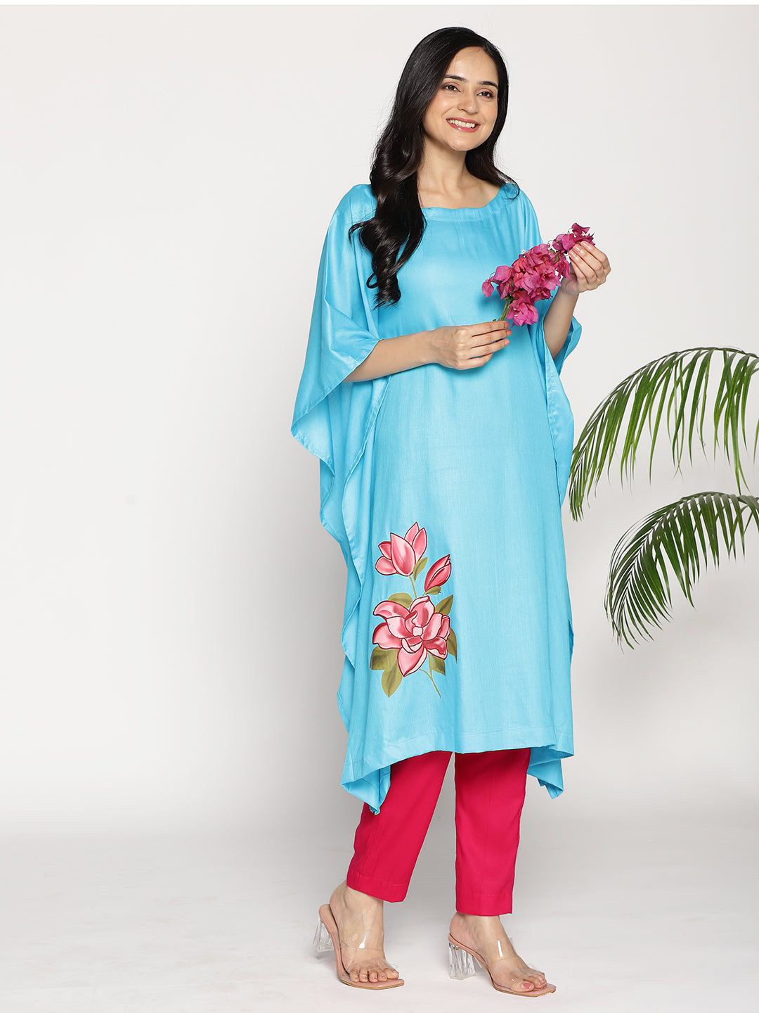 LetsDressUp Boozy Florals Turquoise Rayon Long-Kaftan Kurta