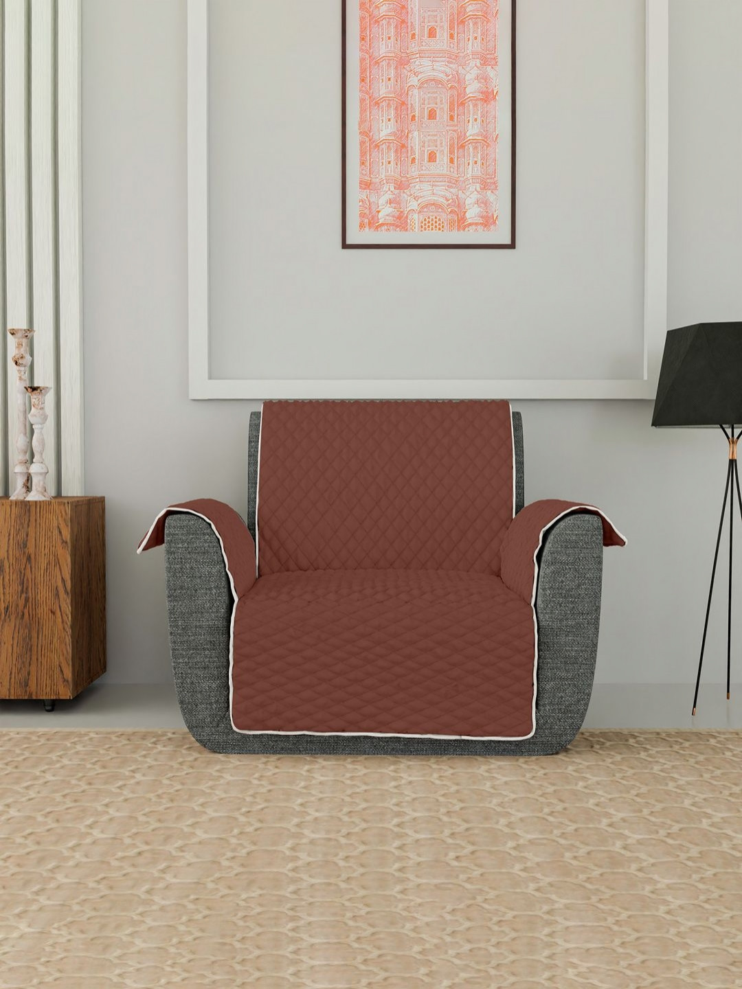 RUBOXA Brown & White Check Design 1 Seater Sofa Cover