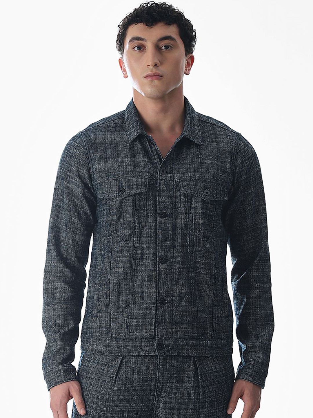 Jack & Jones Checked Shirt Collar Pure Cotton Denim Jacket