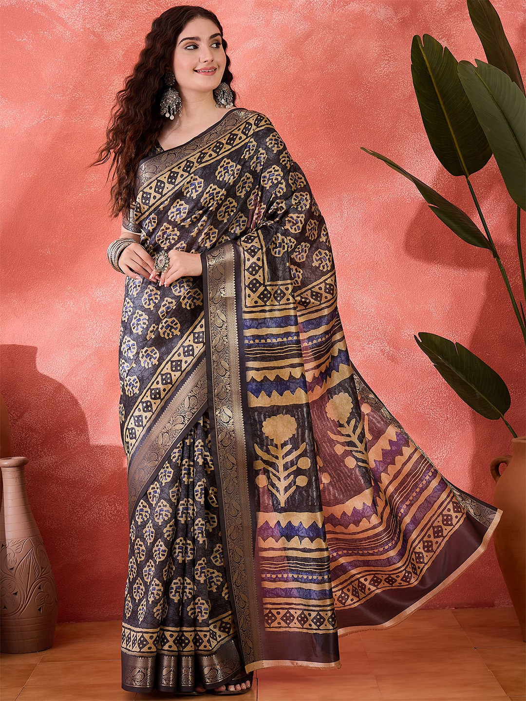MANVAA Ethnic Motifs Printed Ikat Saree with Woven Design Border