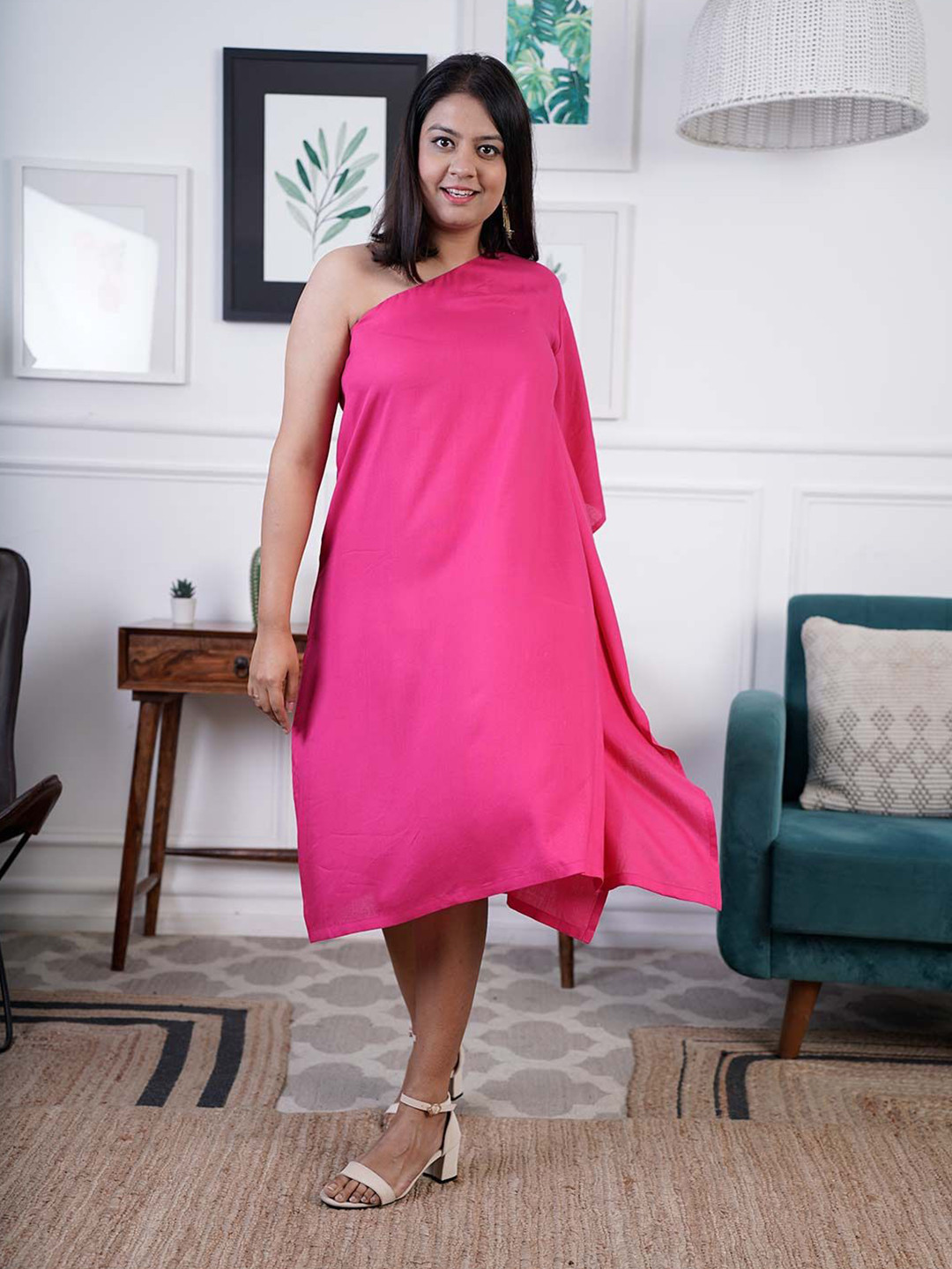 LetsDressUp  Women One Shoulder Kimono Sleeves Magenta Rayon Kaftan Dress