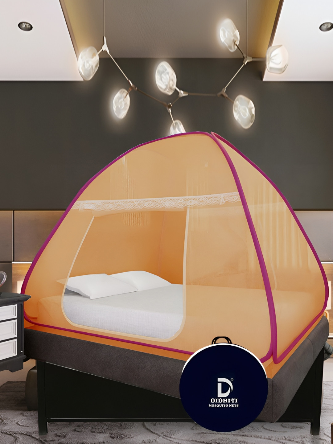 didhiti Khaki & Pink Queen Bed Foldable Tent Mosquito Net