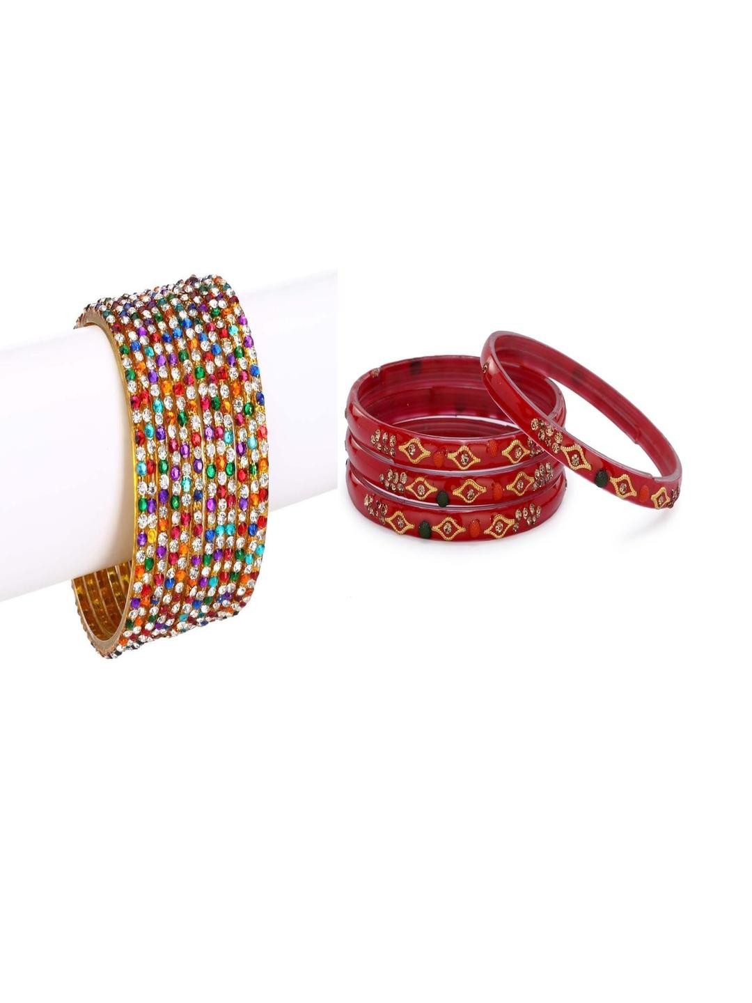 SOMIL Set Of 16 Red  And Multicolor Glass Artificial Stones and Beads Bangles