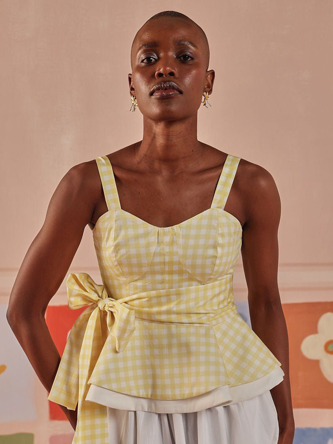 Sage by Mala Women Checked Cotton Shoulder Straps Cinched Waist Top