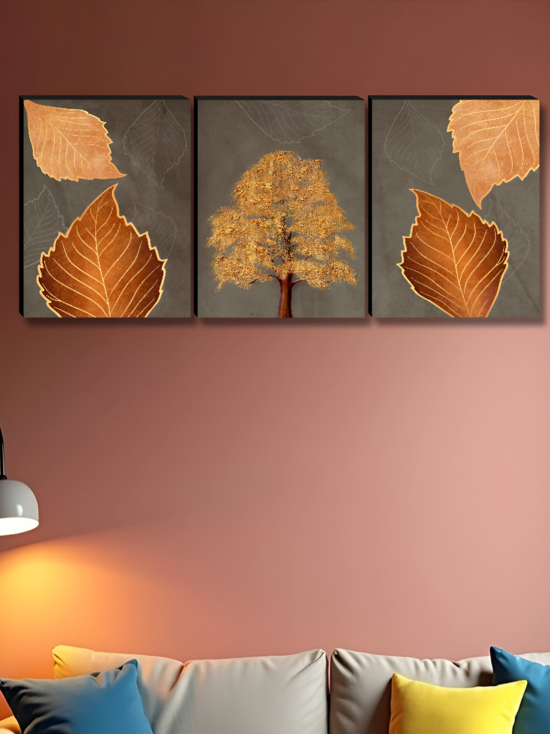 Livin'luxe Grey & Gold-Toned 3 Pieces Autumn Leaves Wall Arts