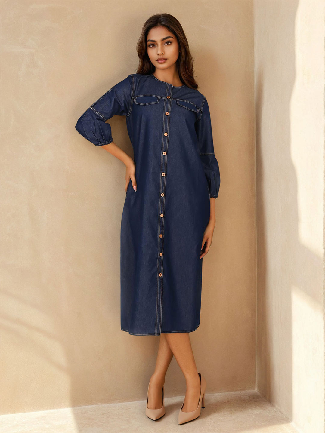 Dora Dori Puff Sleeves  A-Line Midi Dress