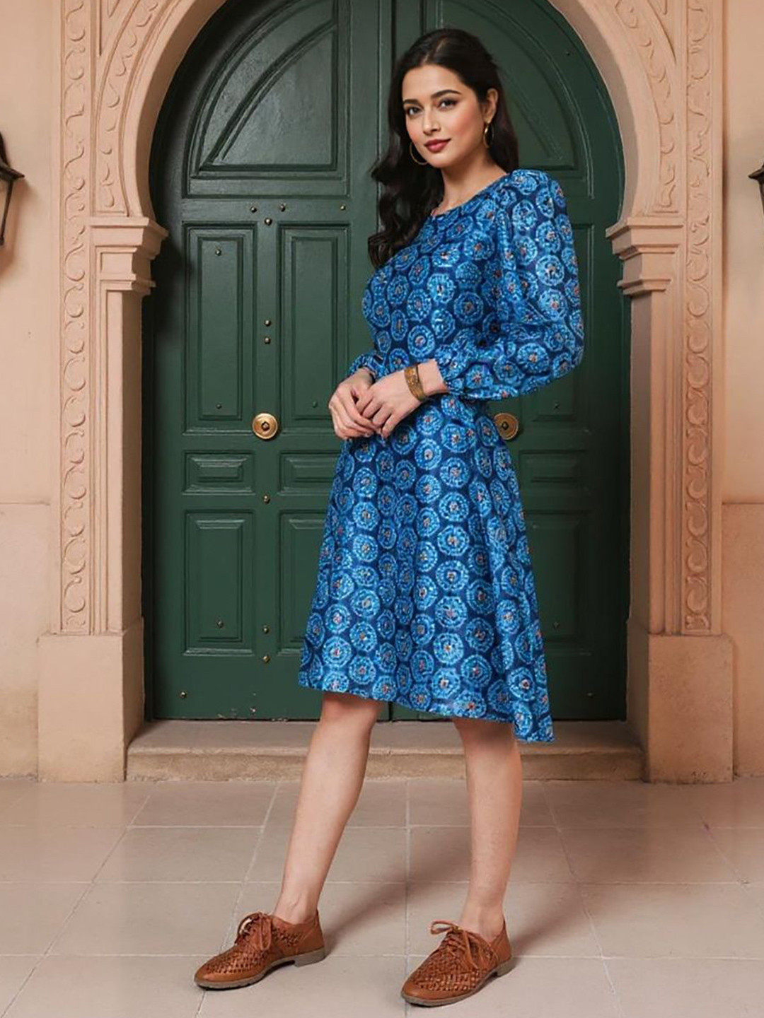 SZN Floral Printed Puff Sleeve Fit & Flare Silk Dress