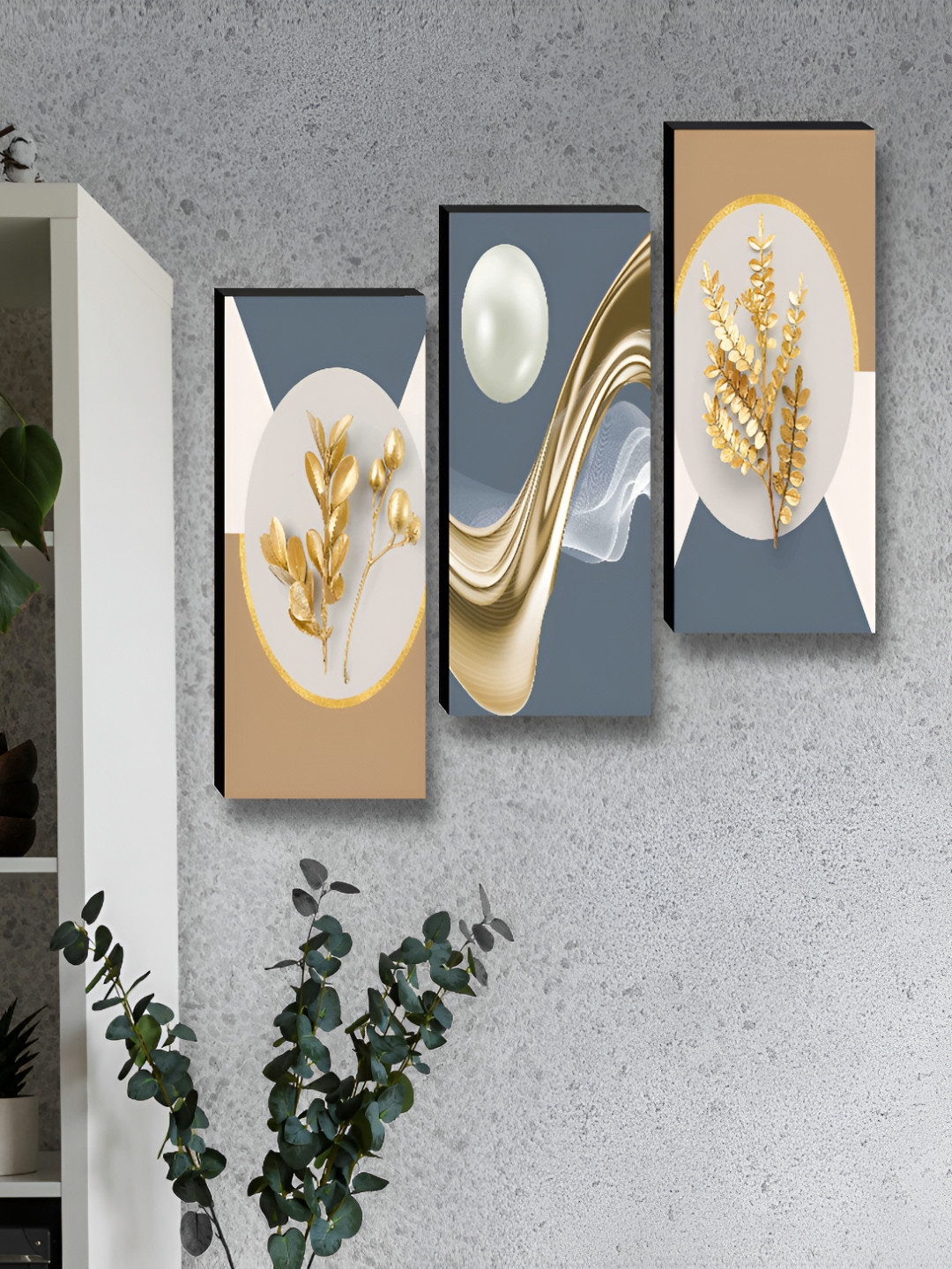 Livin'luxe Grey & Gold-Toned 3 Pieces Leaf & Pearl Printed Wall Arts