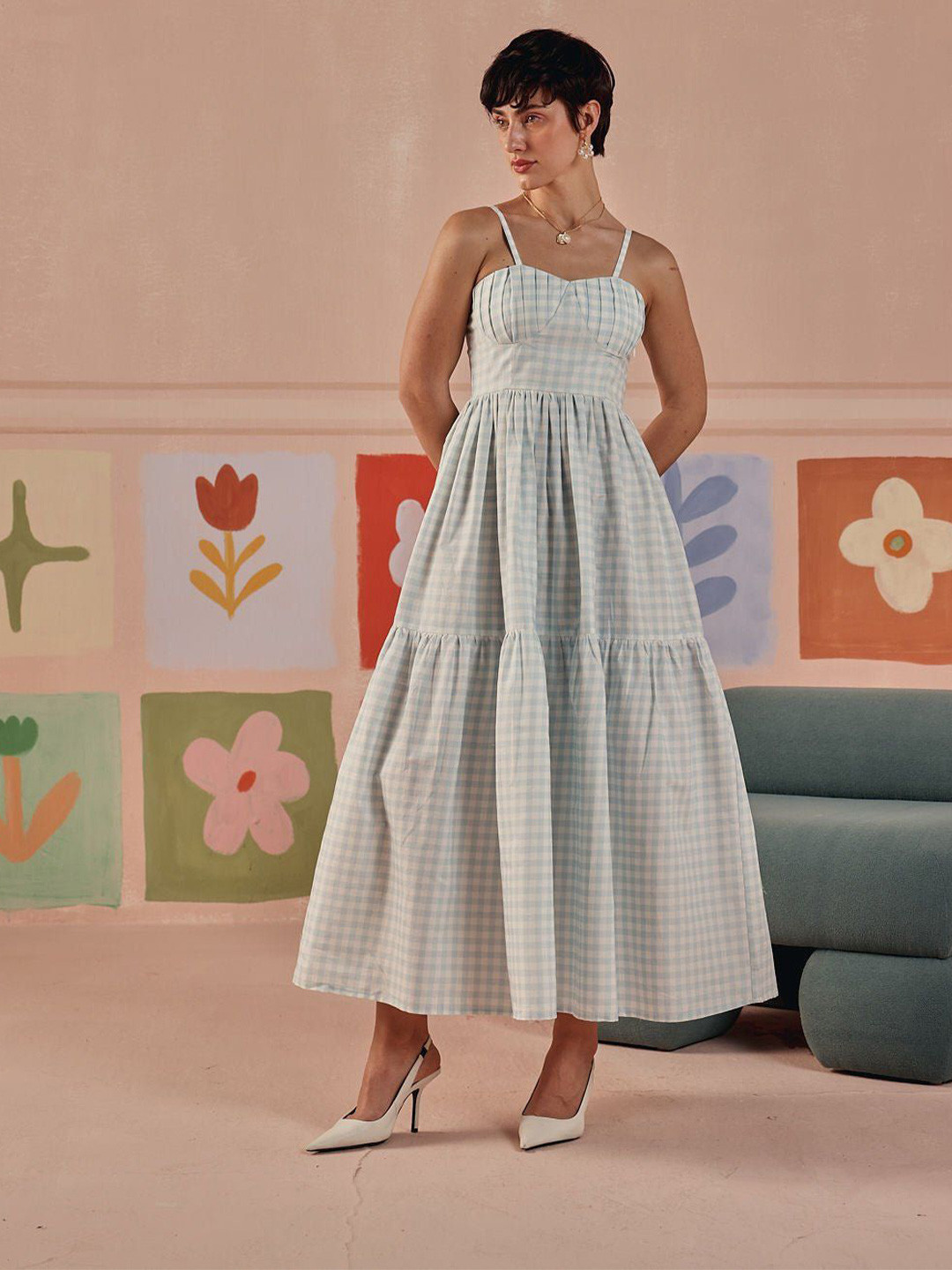 Sage by Mala Checked Cotton Fit and Flare Maxi Vera Dress