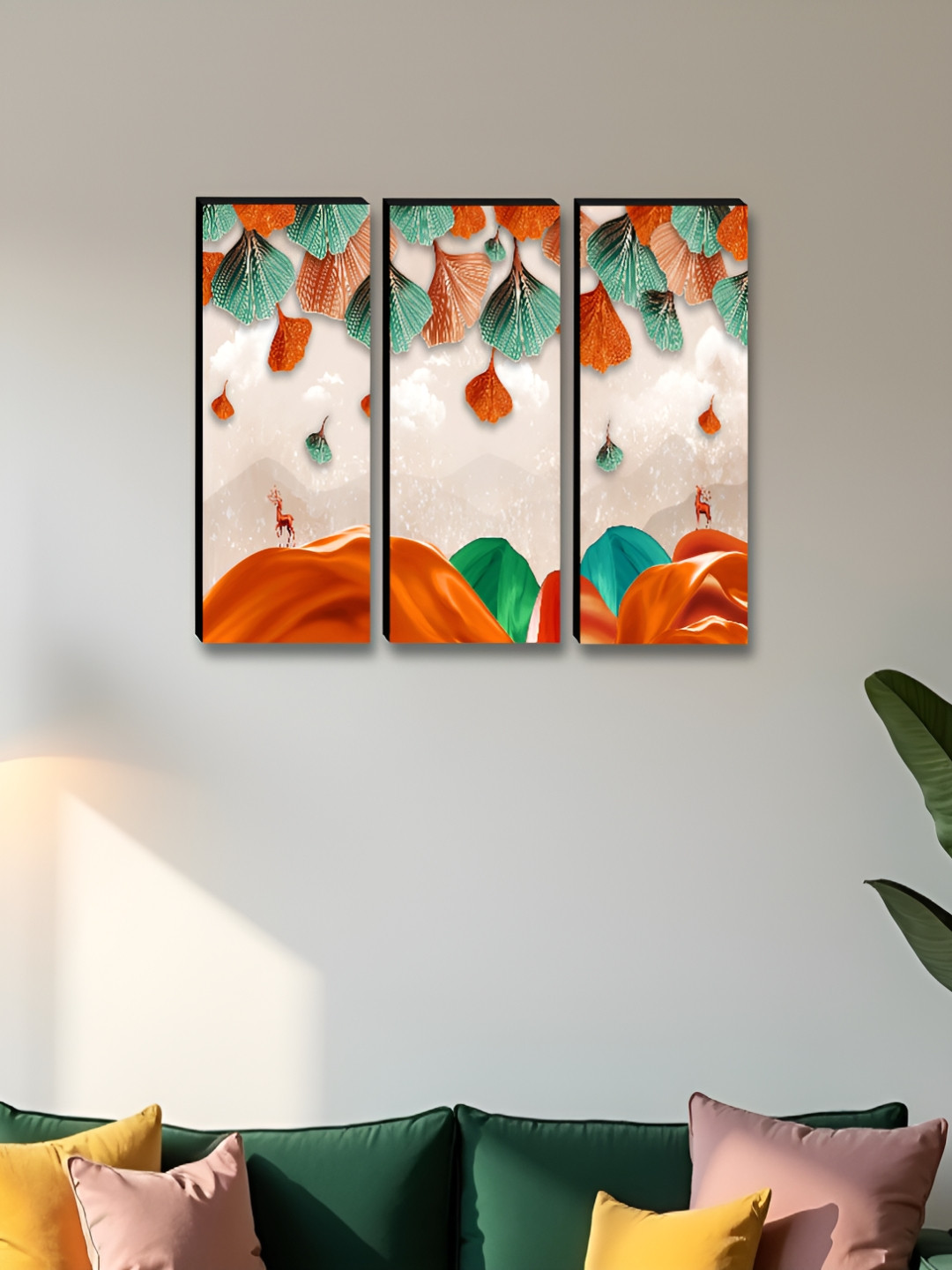 Livin'luxe Peach-Coloured & Green 3 Pieces Colorful Falling Leaves Wall Arts