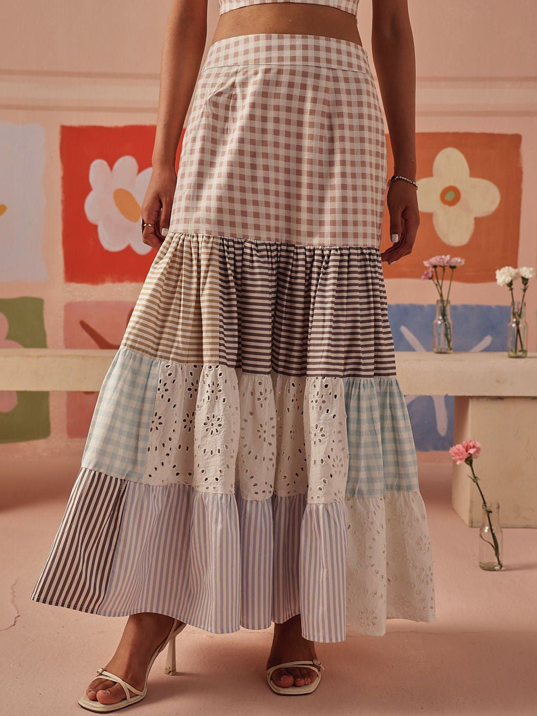 Sage by Mala Self-Designed Pure Cotton High-Rise TieredMaxiSkirt