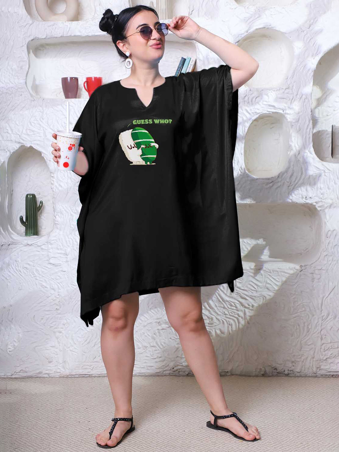 LetsDressUp Women Black Rayon Guess Who Printed Kaftan Dress