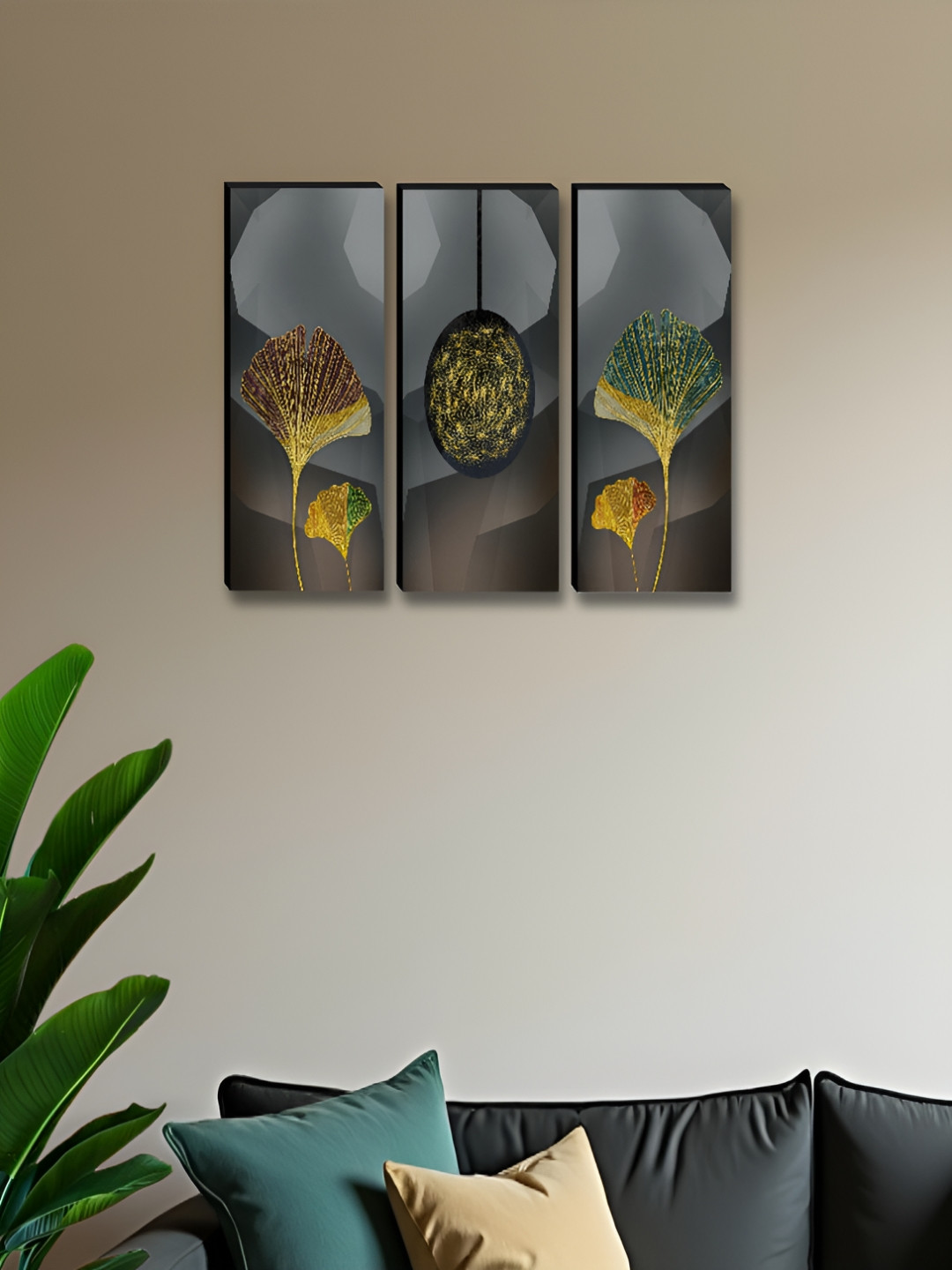 Livin'luxe Grey & Gold-Toned 3 Pieces Leaf Abstract Wall Arts