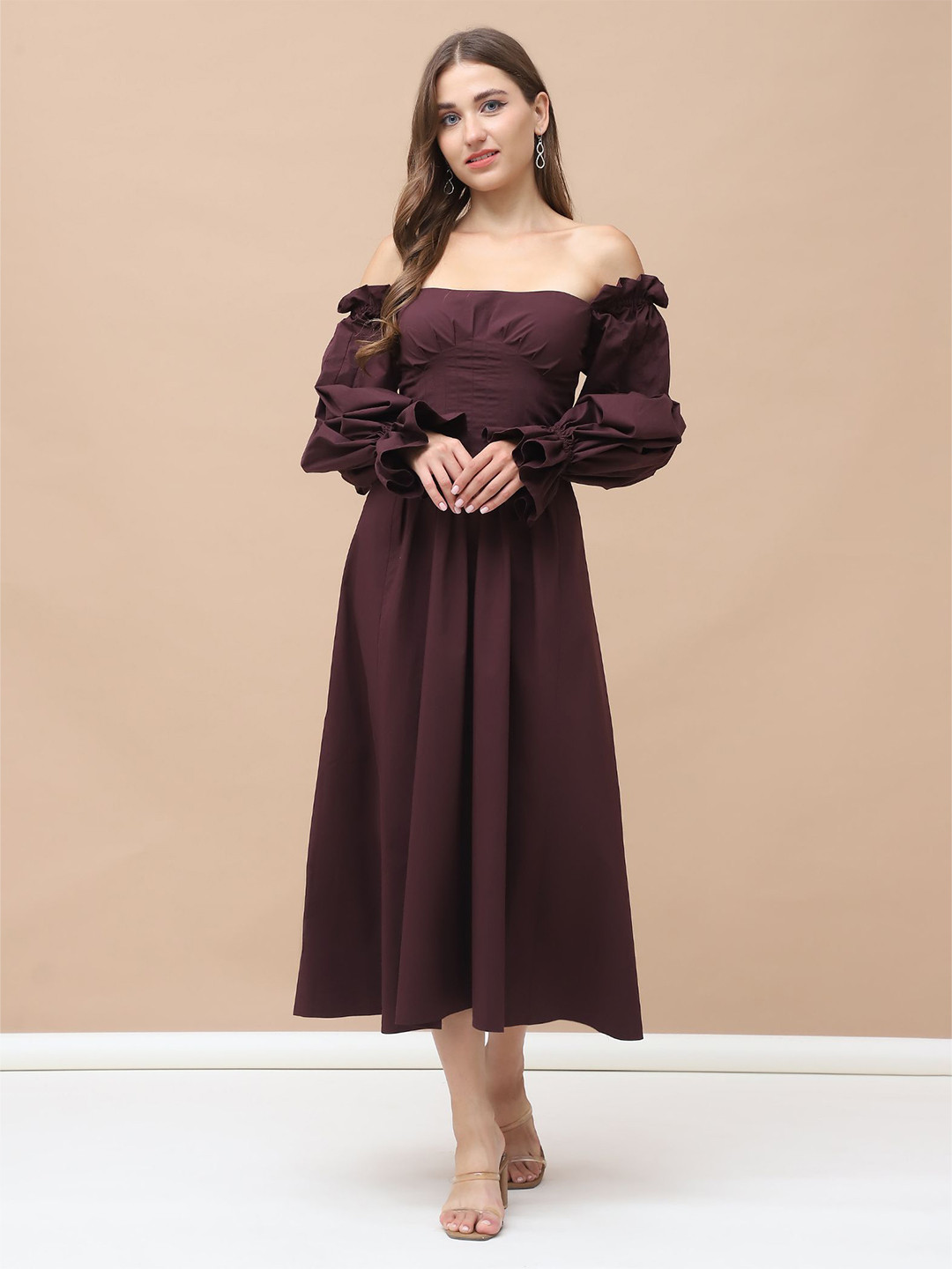 KELIN Women Off-Shoulder Puff Sleeve Cotton Corset Midi Dress