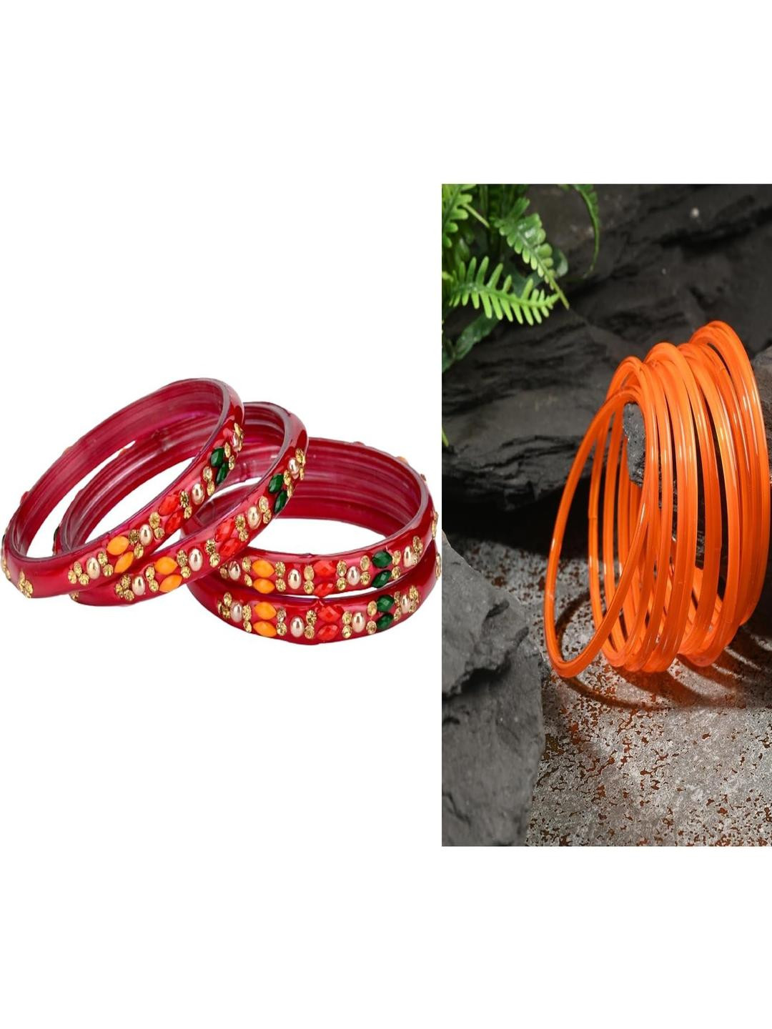 SOMIL Set Of 16 Orange And Red Glass Artificial Stones and Beads Bangles