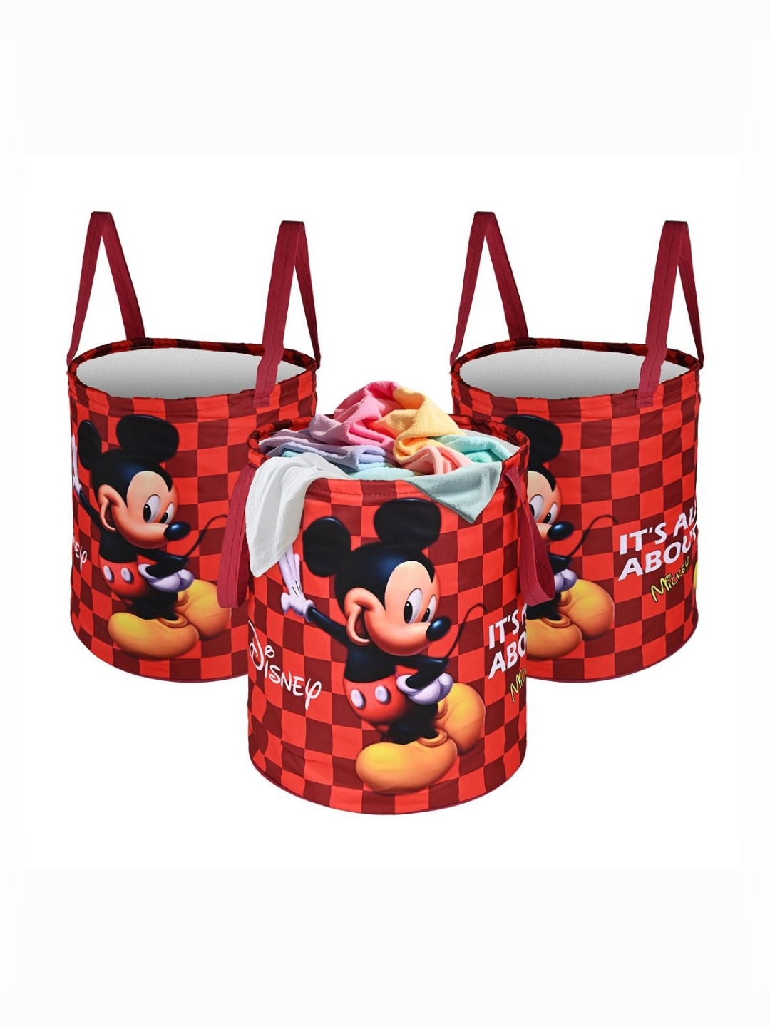 YK 3Pc Maroon Disney Mickey Printed Foldable Laundry Bag With Handles