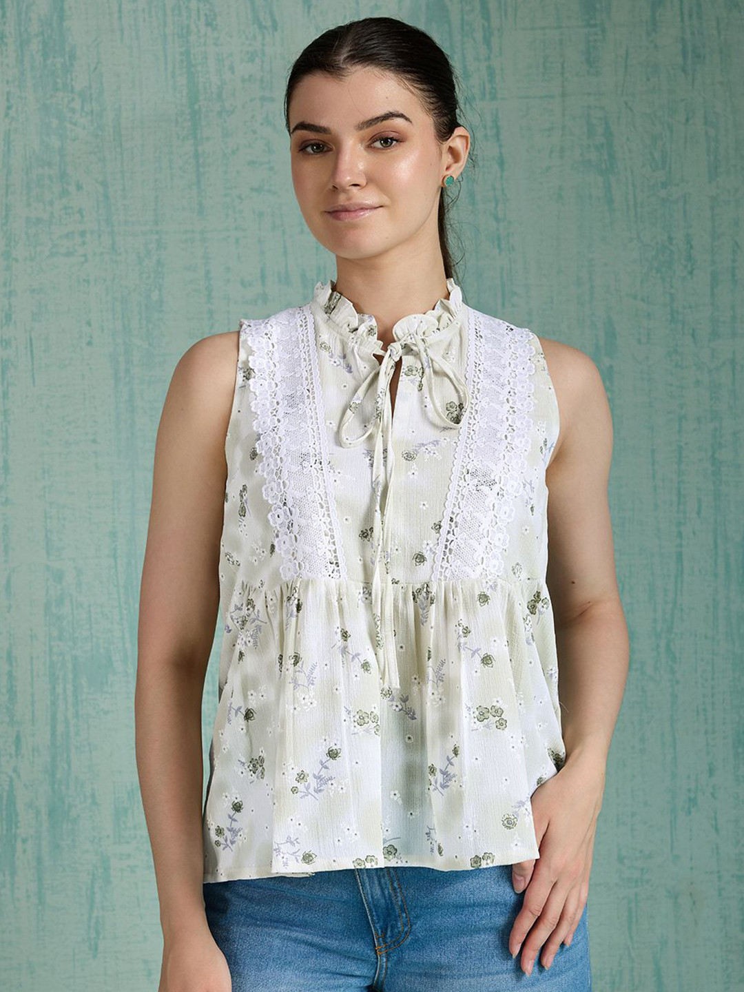 HOUSE OF MIRA Women Floral Printed Tie-Up Neck Ruffles Empire Top