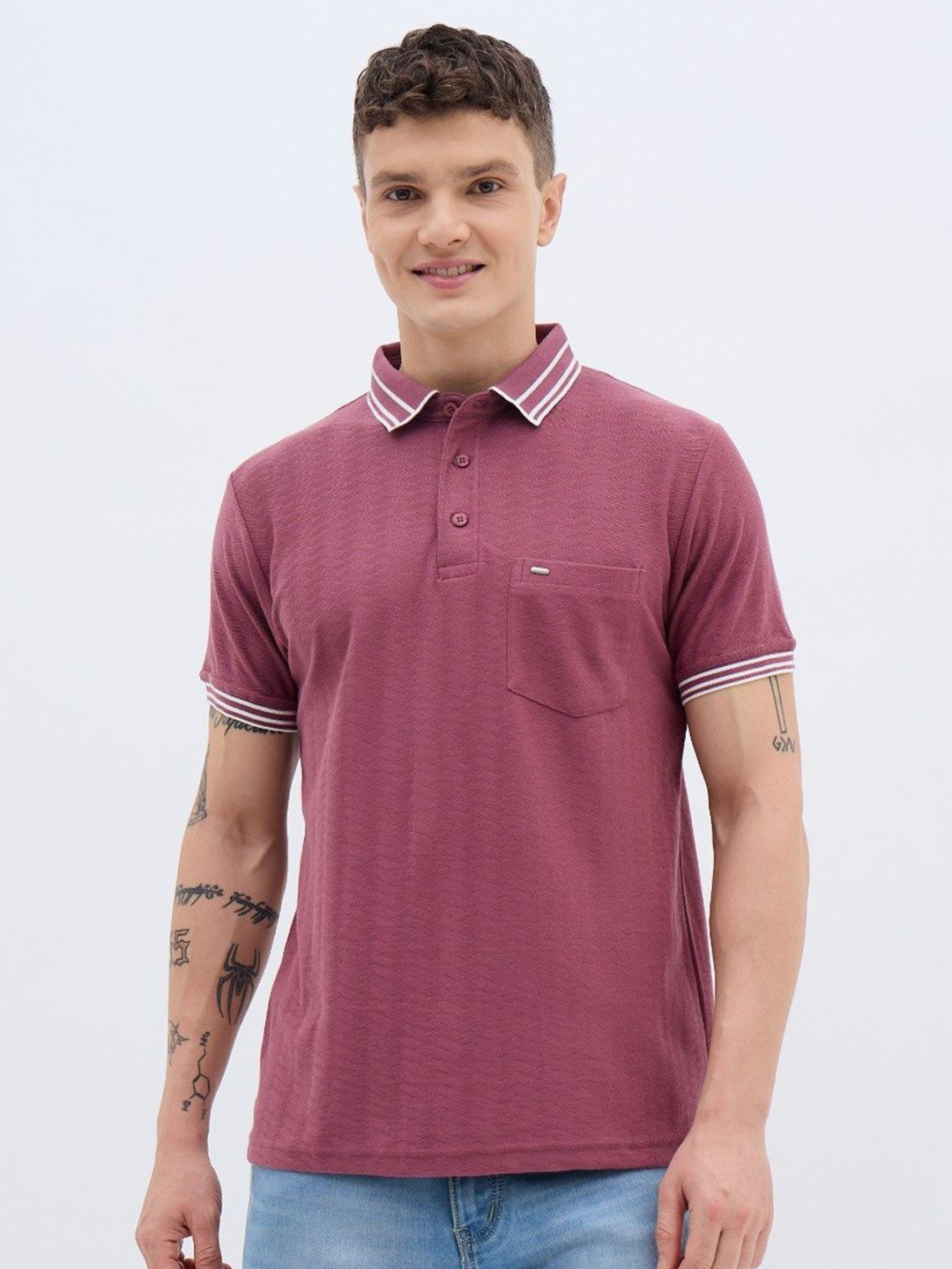 ARRAY Men Self Design Polo Collar Cotton T-shirt