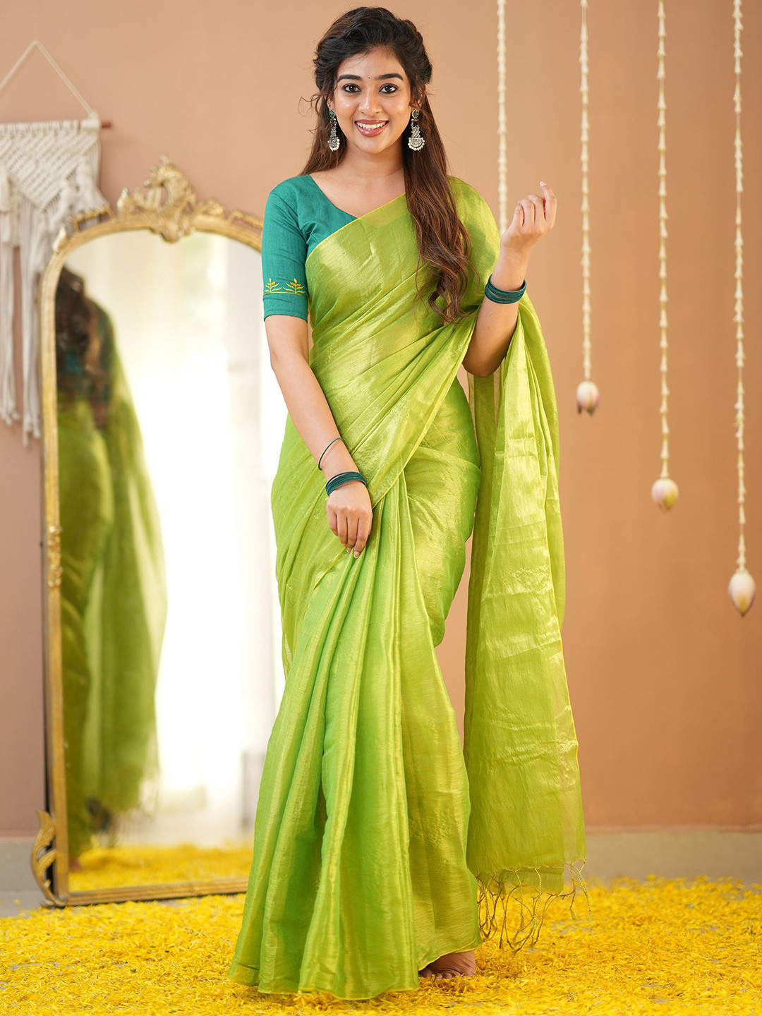 RAAG VARNAM Pista Green Tissue Saree With Designer Blouse