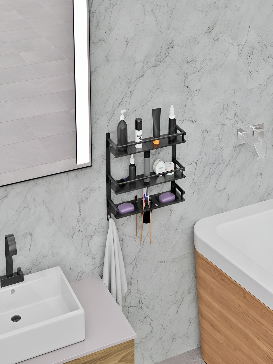 Well Set Black Stainless Steel 3-Tier Wall-Mounted Bathroom Rack with Utensil Holder