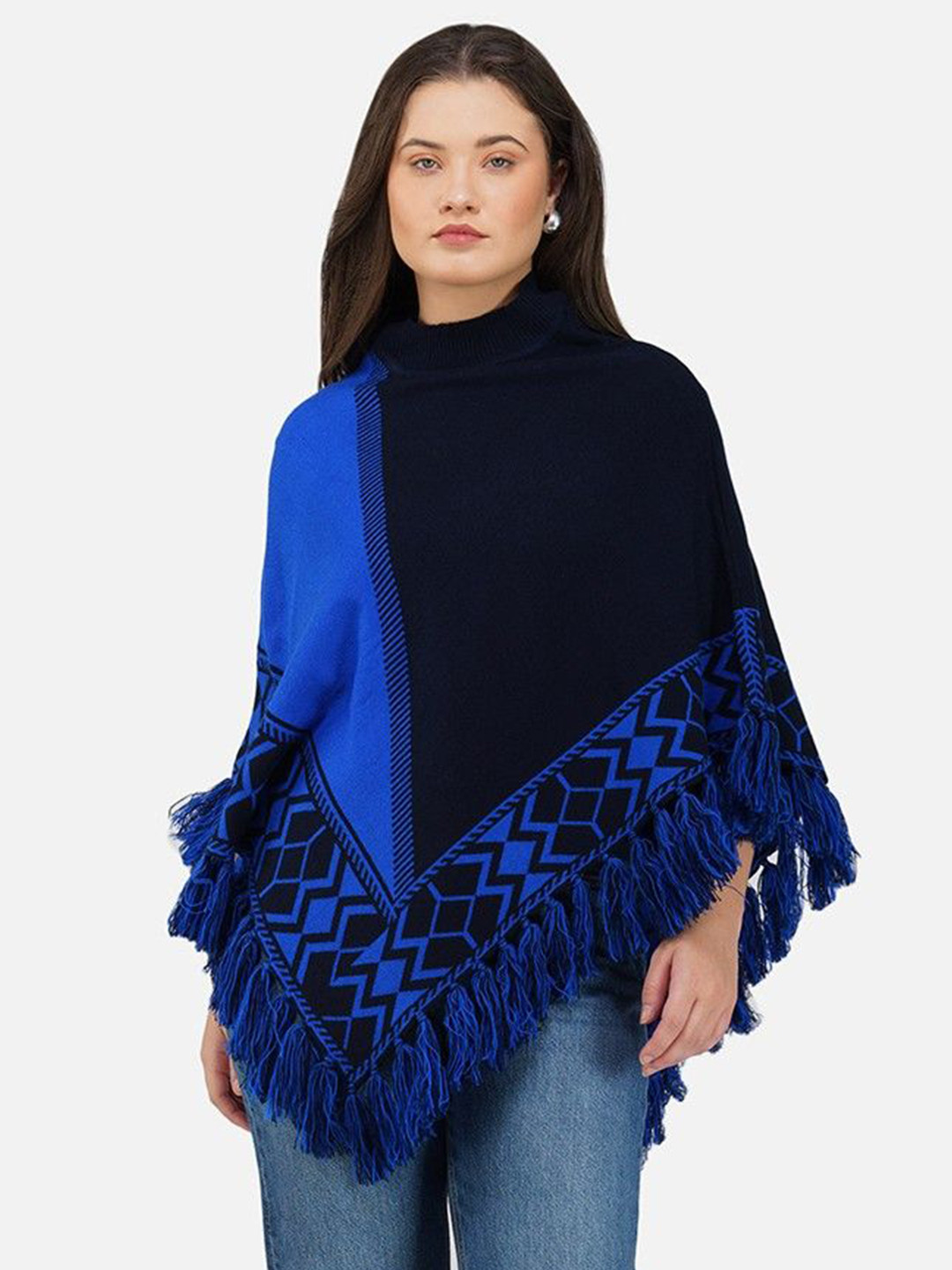 JoE Hazel Colourblocked V-Neck Woolen Longline Poncho