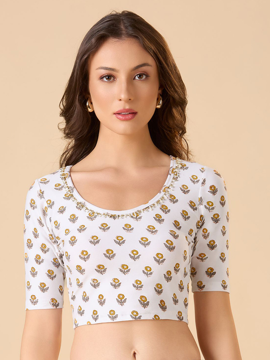 SALWAR STUDIO Hand Blocked Round Neck Stretchable Blouse