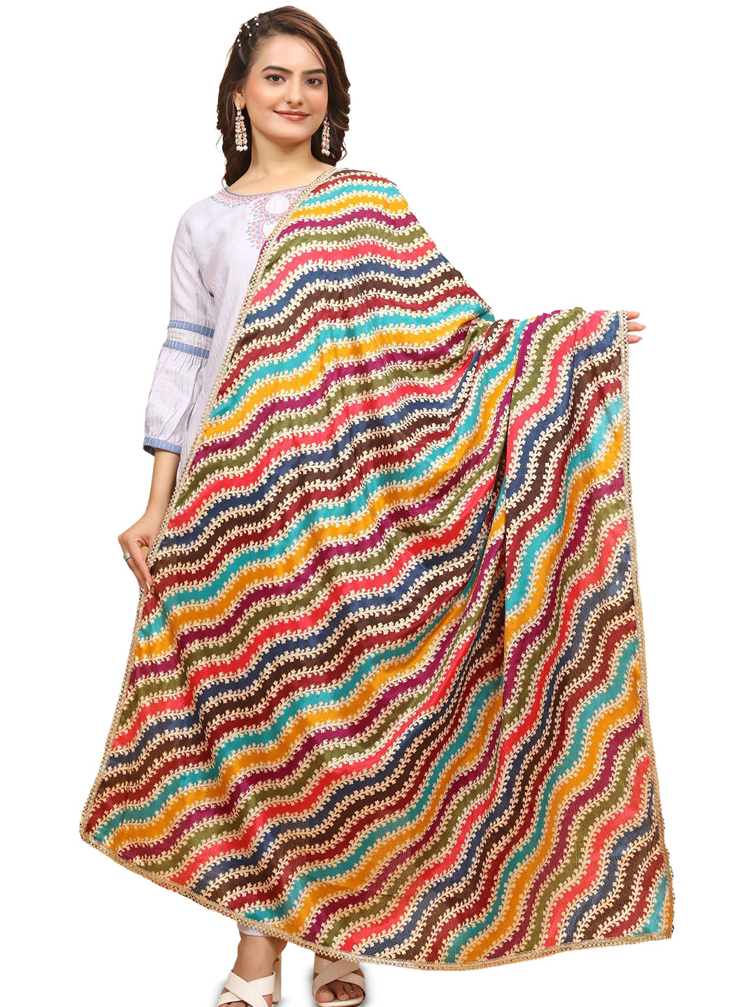 Kemza Striped Printed Lace Border Dupatta