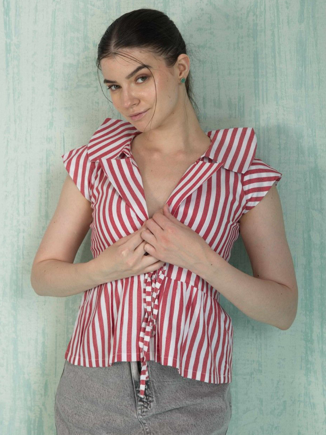 HOUSE OF MIRA Women Striped Peter Pan Collar Cap Sleeves Cotton Peplum Top