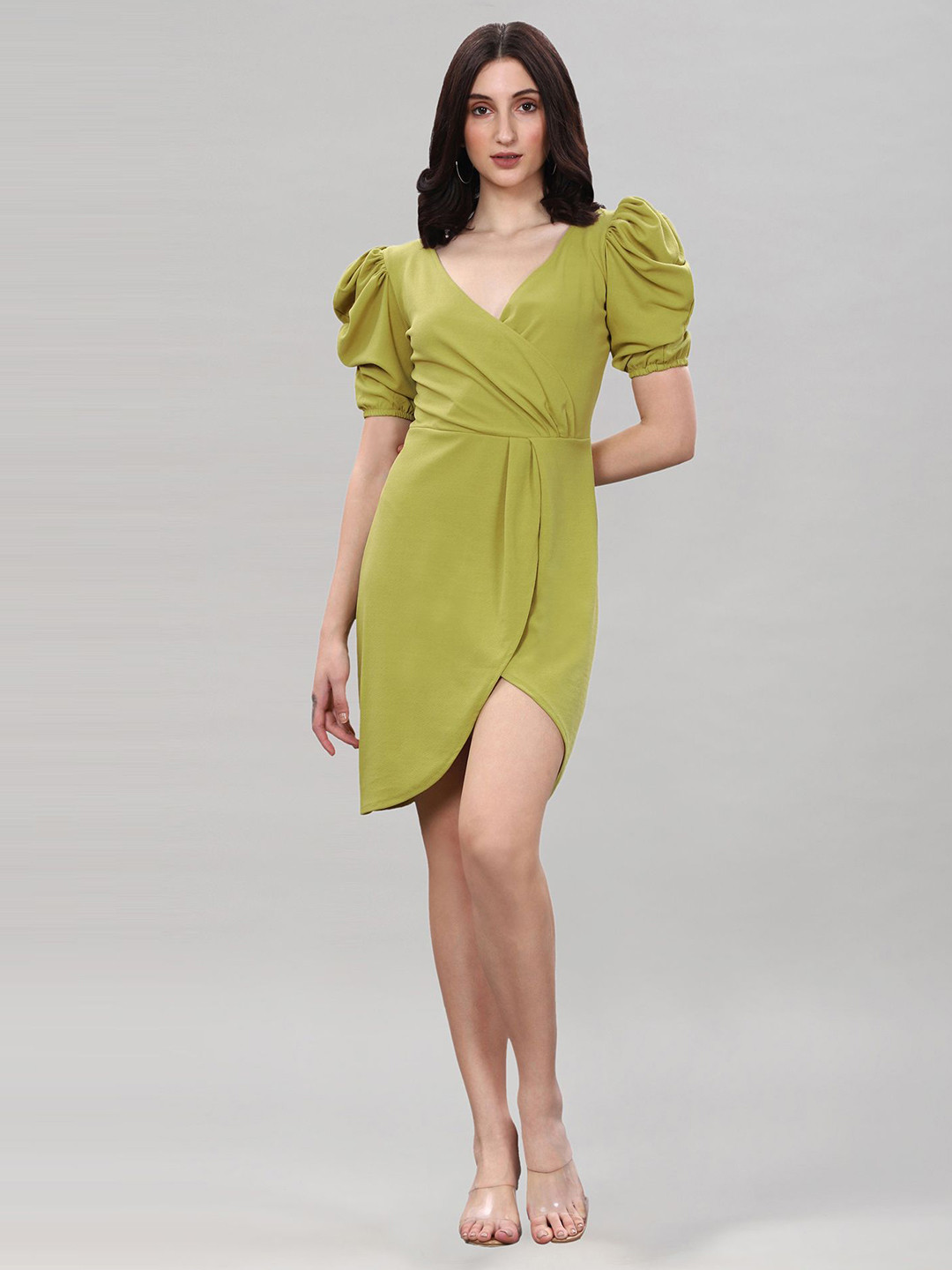 Selvia V-Neck Puff Sleeve Layered Mini Wrap Dress