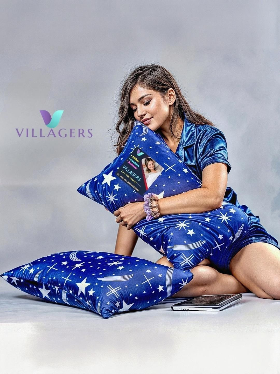 VILLAGERS Set of 2 Blue Printed Comfort Rectangular Pillows