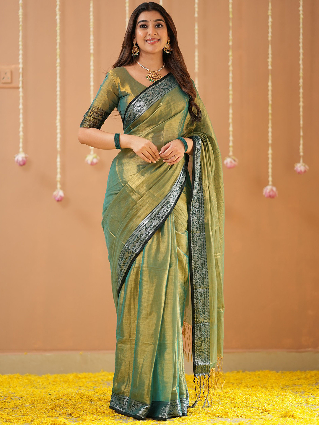 RAAG VARNAM Green Tissue Saree With Designer Blouse